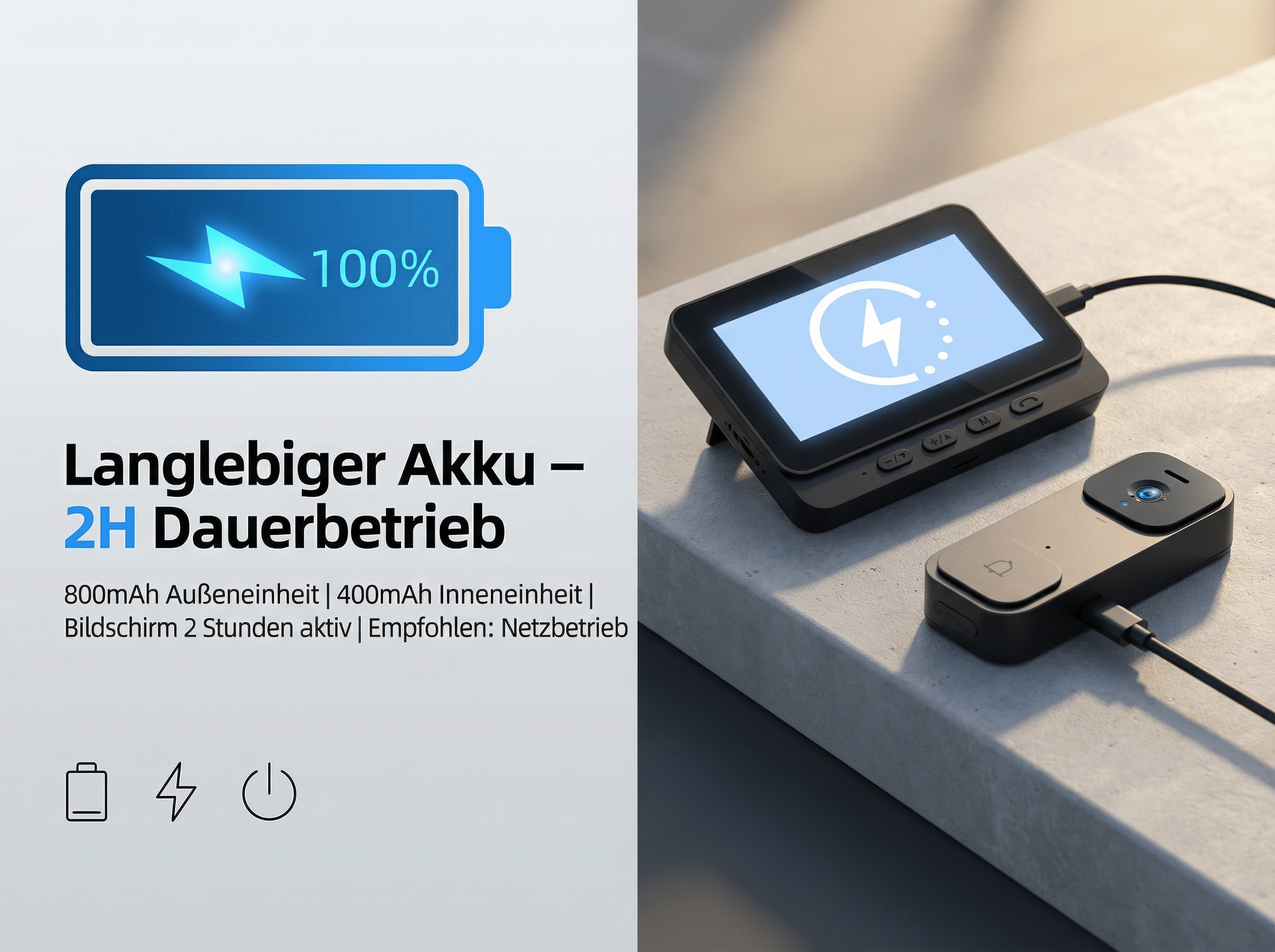 Ein schwarzes Gerät mit Bildschirm und ein Türklingel-Sensor, beide mit Kabeln verbunden.
