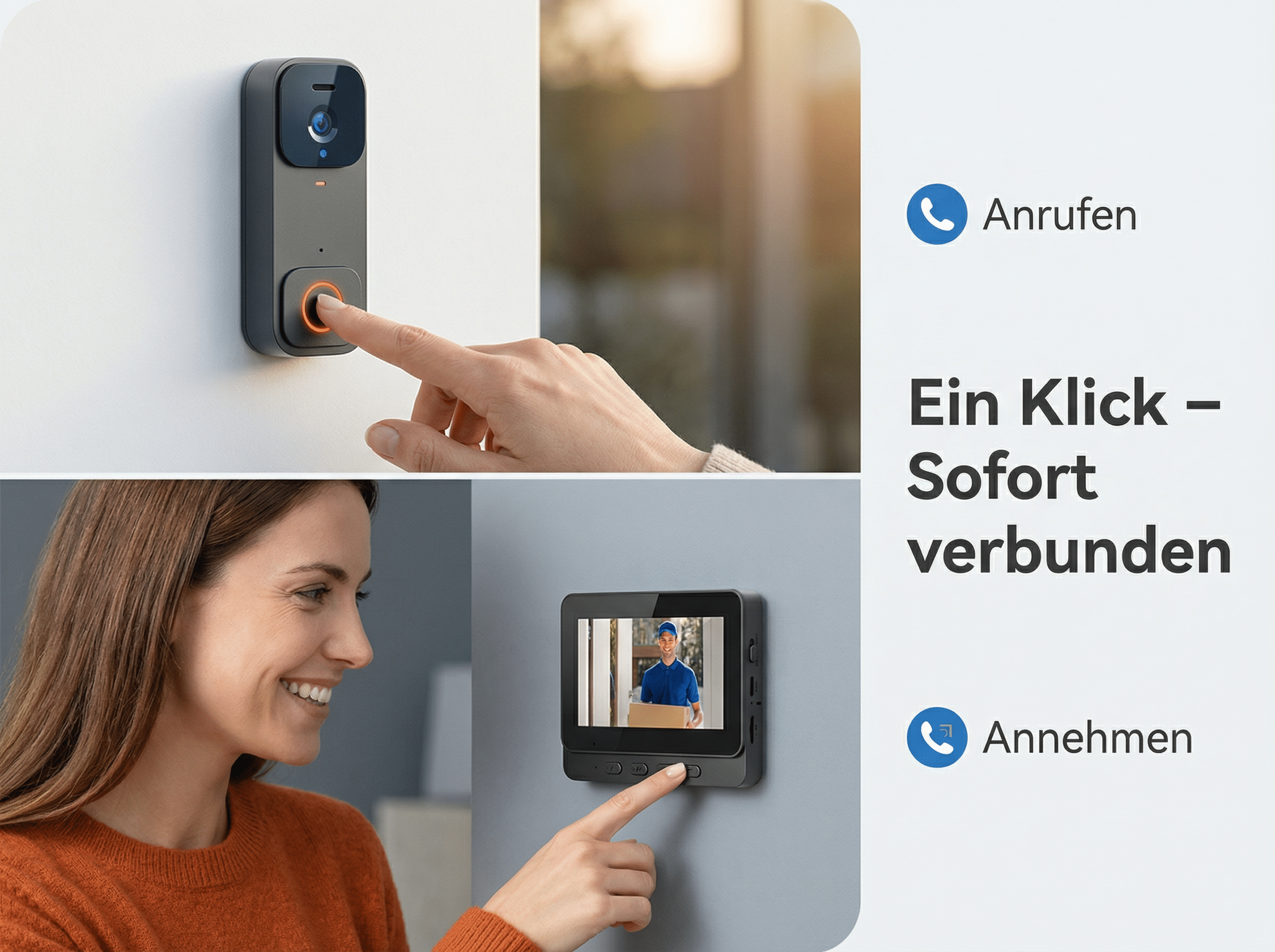 Türkis-graues Türklingel an Wand, Finger drückt Knopf. Frau lächelt, sieht Monitor.