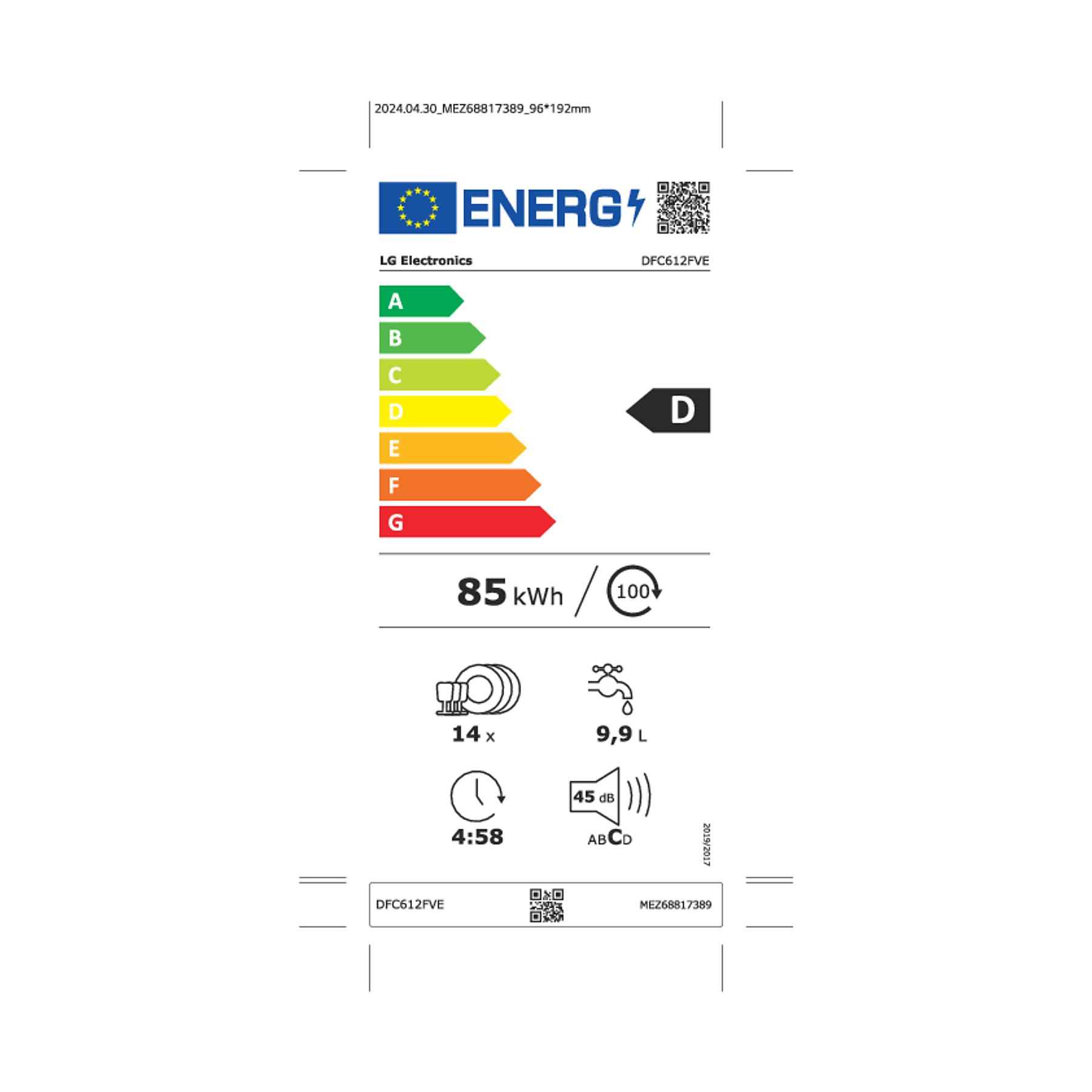 LG Electronics DFC612FVE bulaşık makinesi enerji etiketi, D sınıfı.