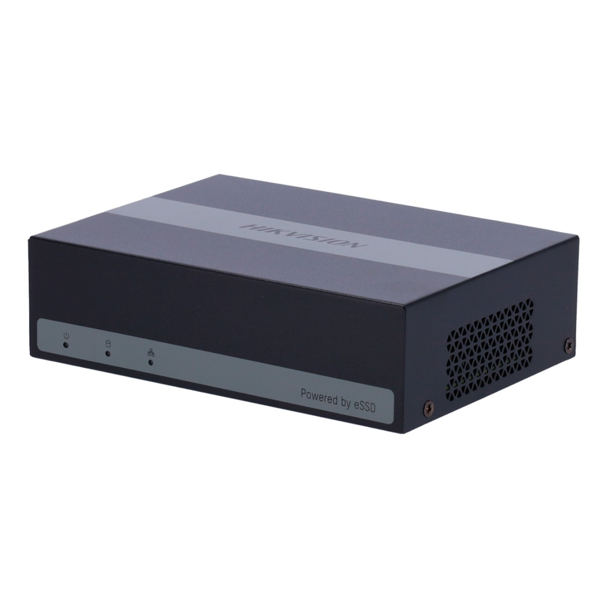 Un dispositivo Hikvision nero con due strisce grigie in cima e spie luminose.