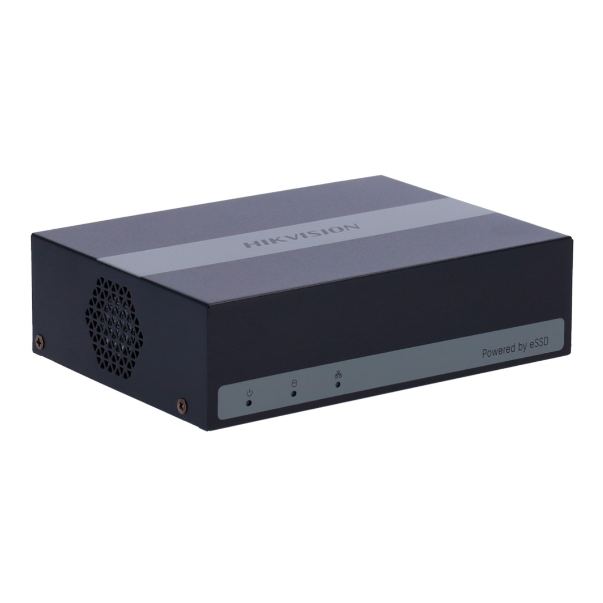Dispositivo Hikvision eSSD nero con griglia di ventilazione e tre LED.