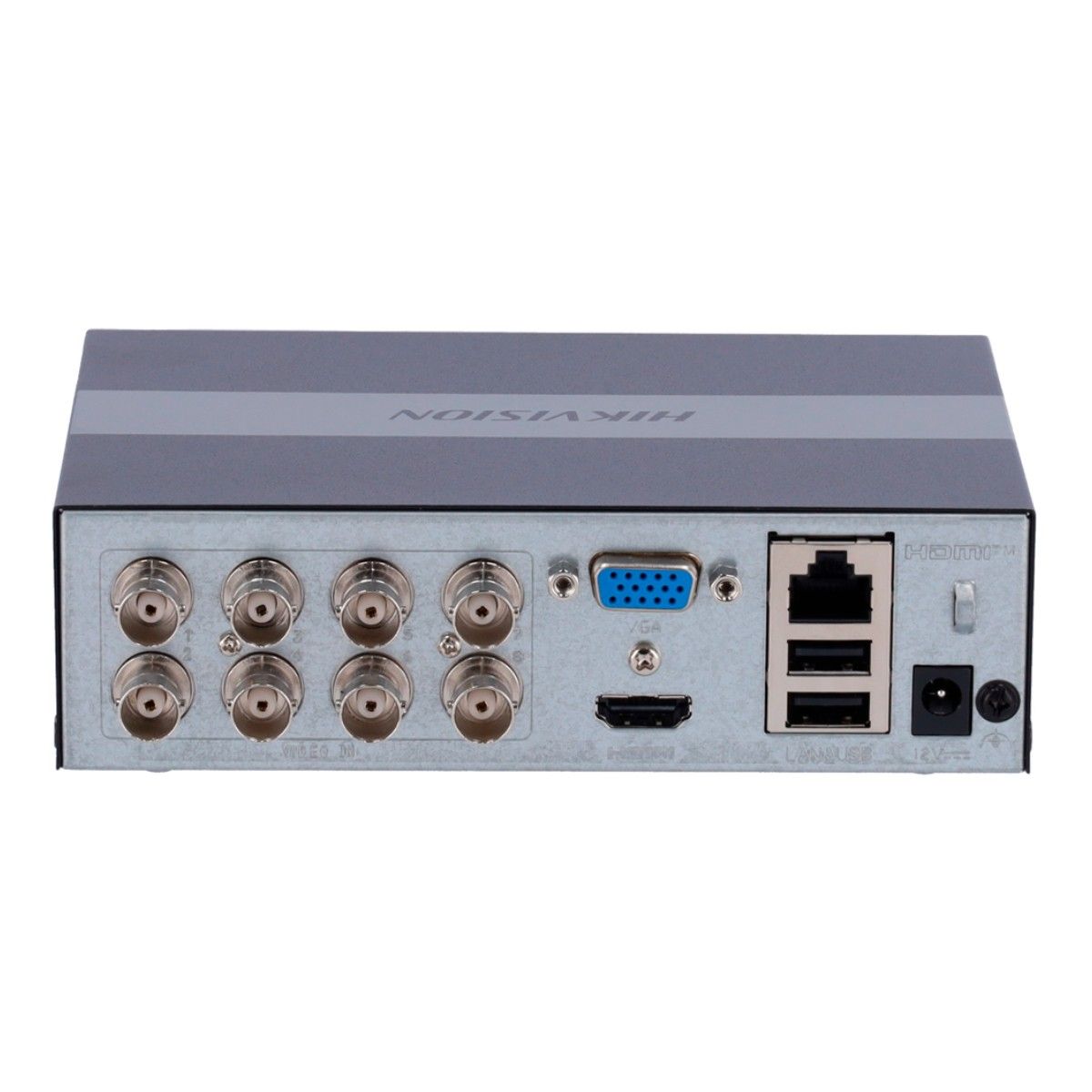 Retro di un DVR Hikvision con otto porte BNC, VGA, HDMI, LAN e USB.