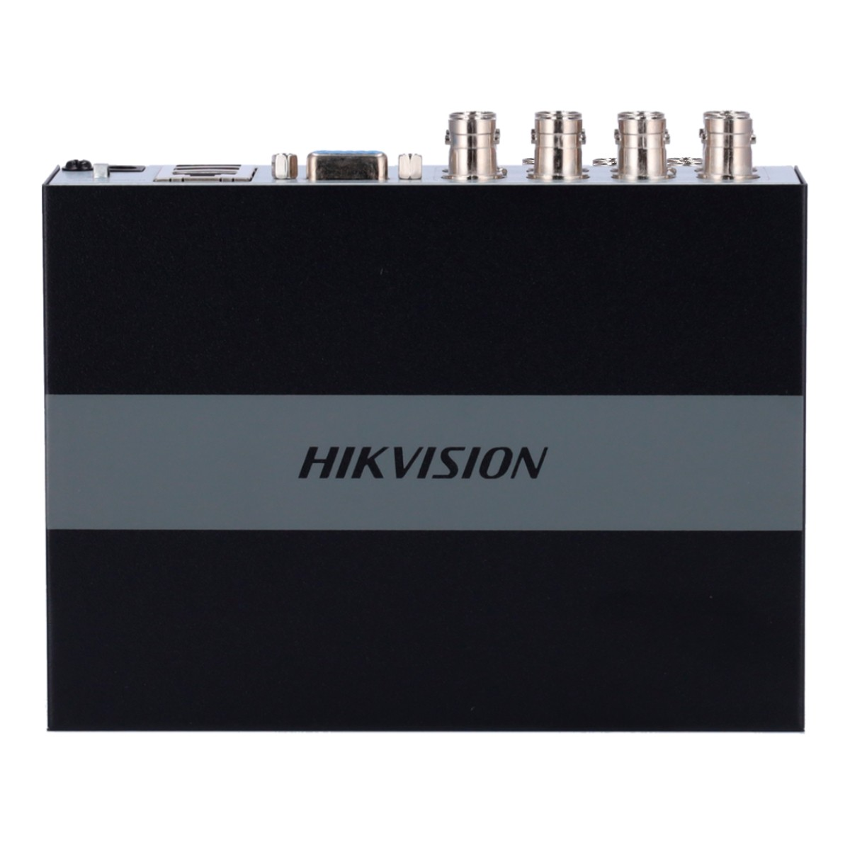 Un dispositivo Hikvision nero con connettori BNC e una porta VGA in alto.