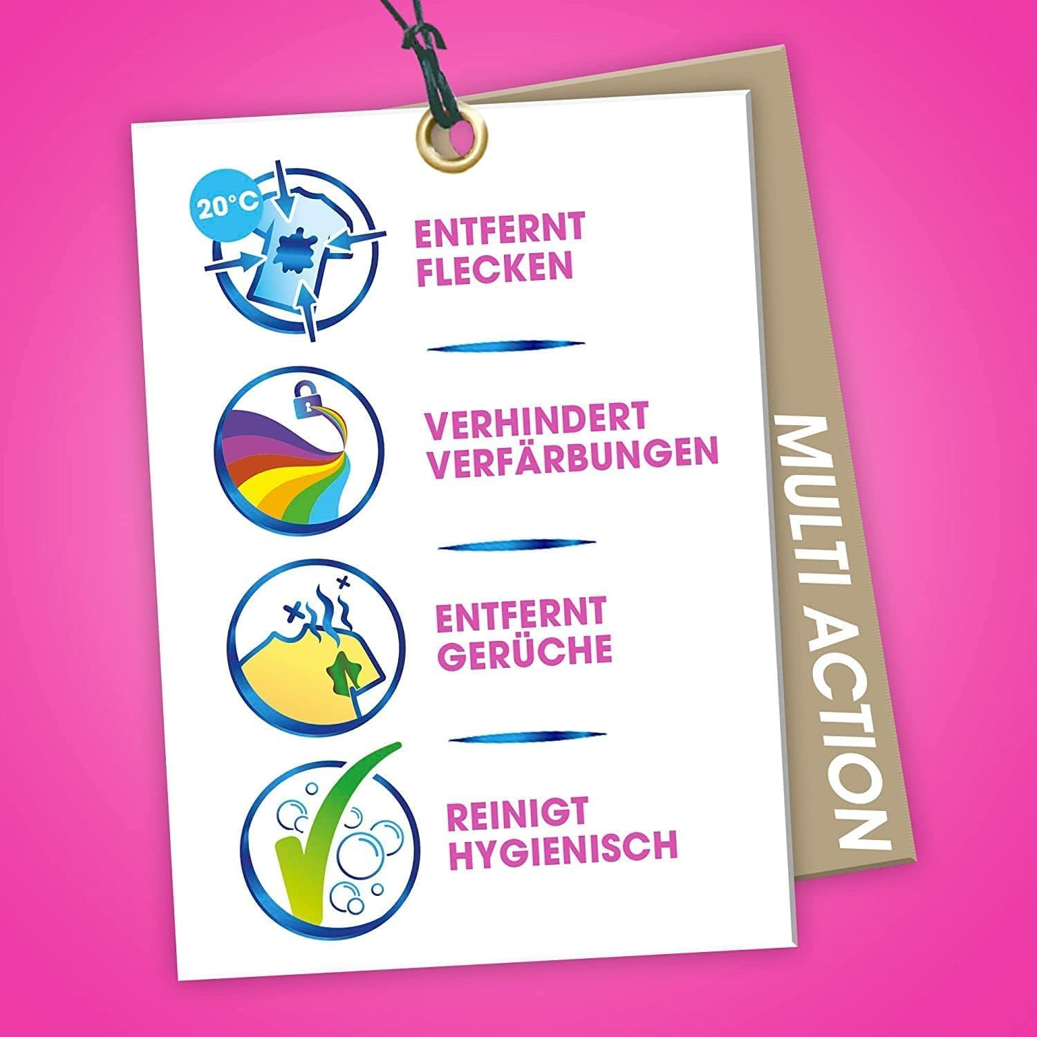 Vier Symbole: Flecken entfernen, Verfärbungen verhindern, Gerüche entfernen, hygienisch reinigen.
