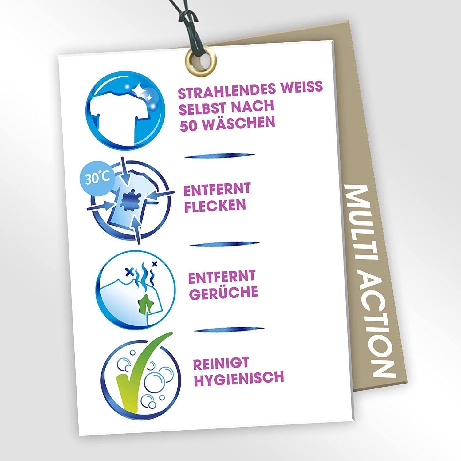 Produktanzeige mit vier Symbolen: strahlendes Weiß, Fleckenentfernung, Geruchsentfernung, hygienische Reinigung.