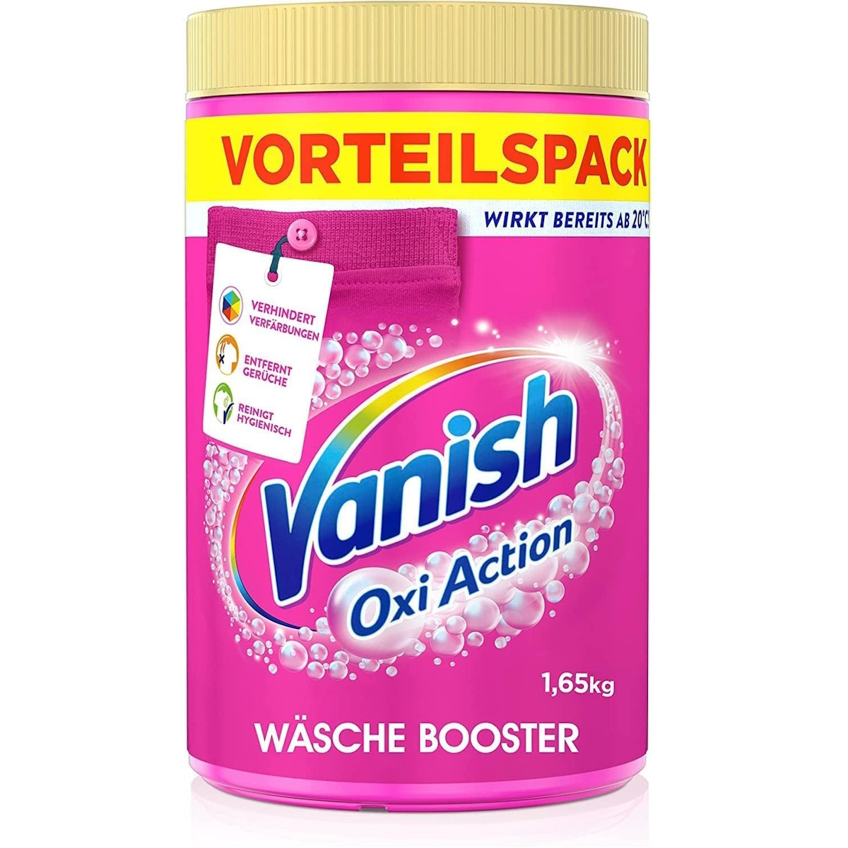 Vanish Oxi Action Wäsche Booster in pinker Dose mit gelbem Deckel.