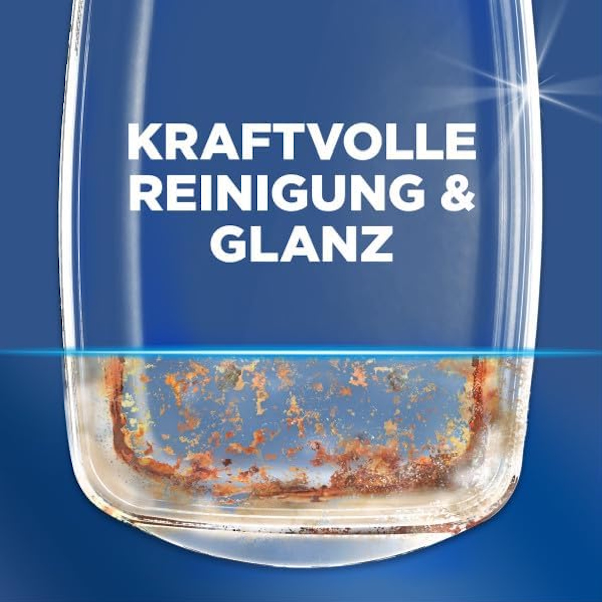 Glas mit Rostflecken und blauem Hintergrund mit Text KRAFTVOLLE REINIGUNG & GLANZ.