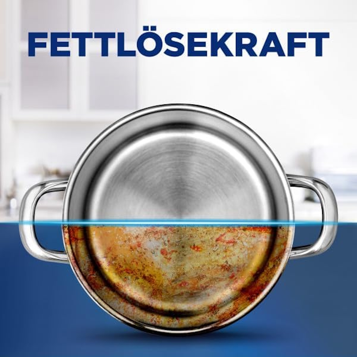 Halbe Kochtopf sauber, halb verbrannt. Fettlösekraft Text.