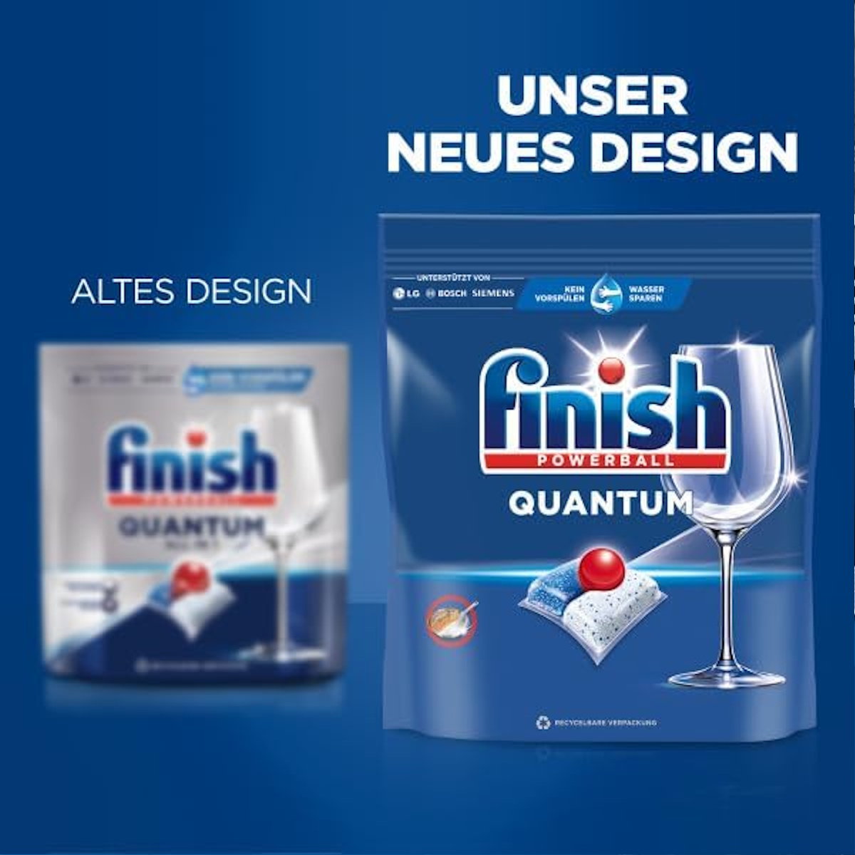 Finish Quantum Spülmaschinentabs: Alt gegen Neu Design. Mit Glaskelch.