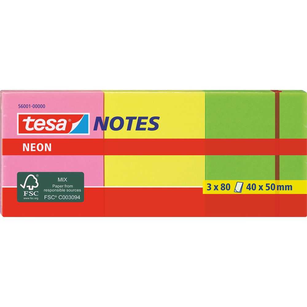 Packung bunter Haftnotizen: Pink, Gelb, Grün. Maße 40x50mm.