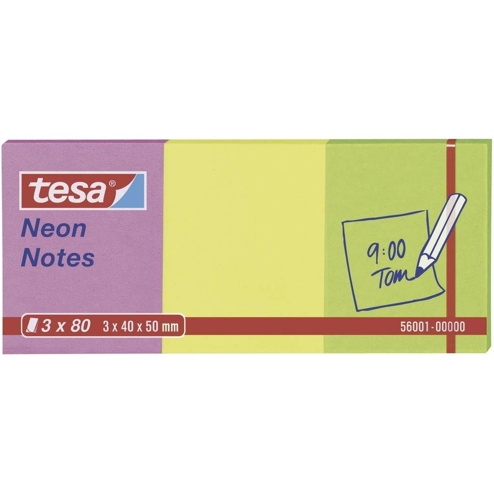 Tesa Neon Notizblock in Lila, Gelb und Grün mit Notiz: 9:00 Tom.