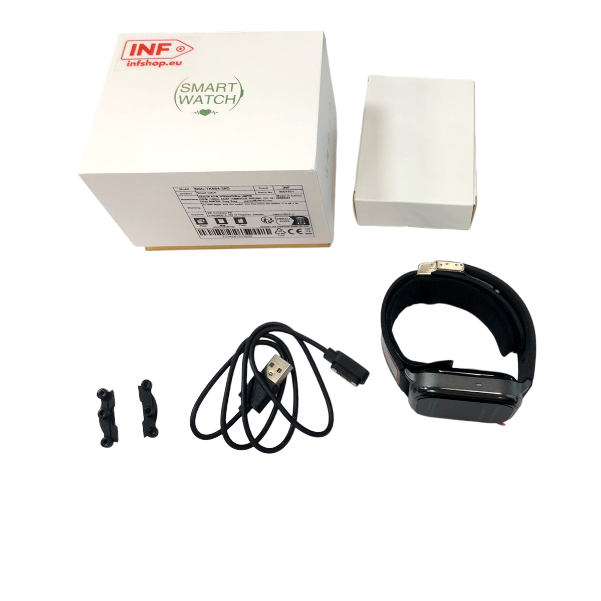Smartwatch packaging with contents: box, charging cable, and two small black clips.
