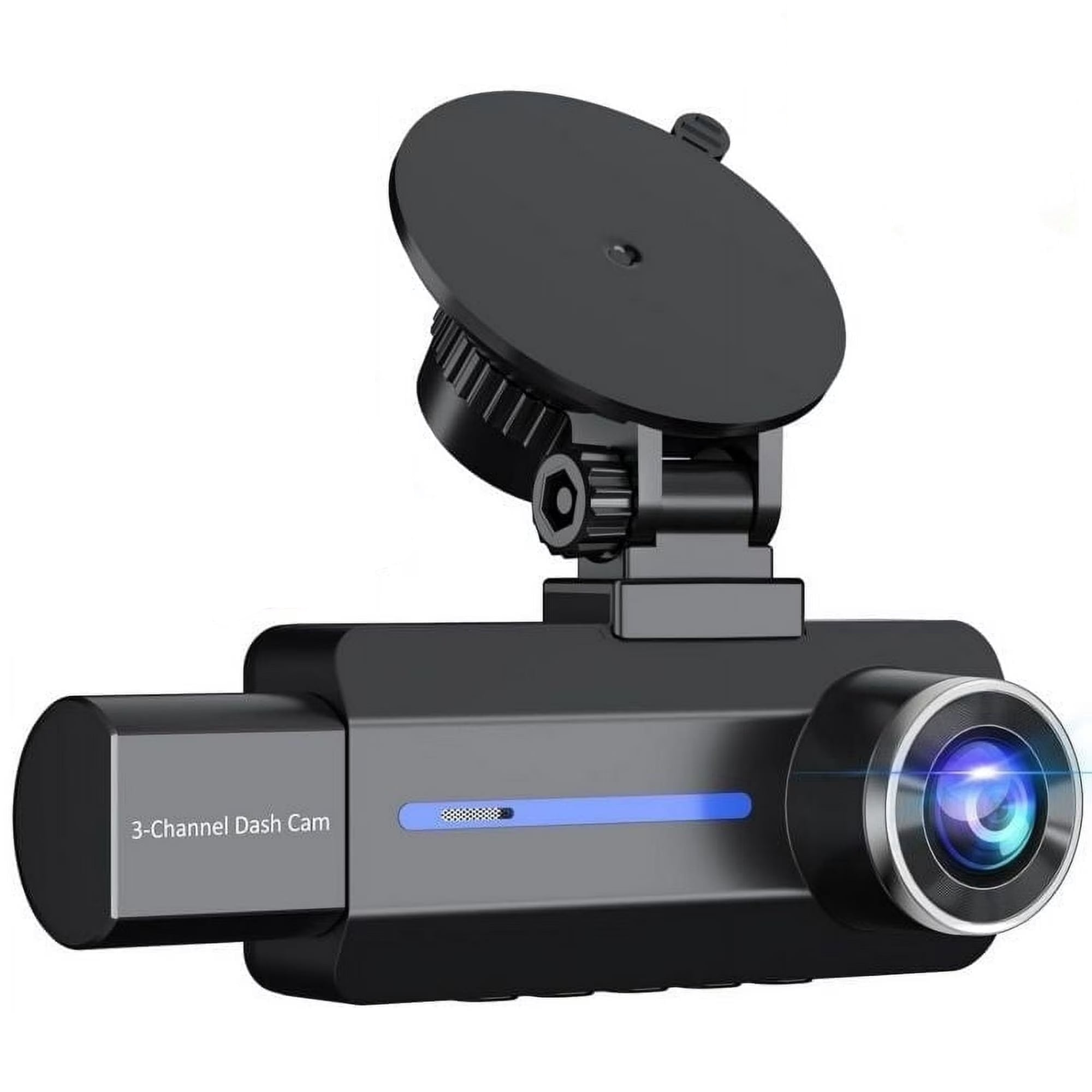 Schwarze 3-Kanal-Dashcam mit Saugfußhalterung und blauer LED.