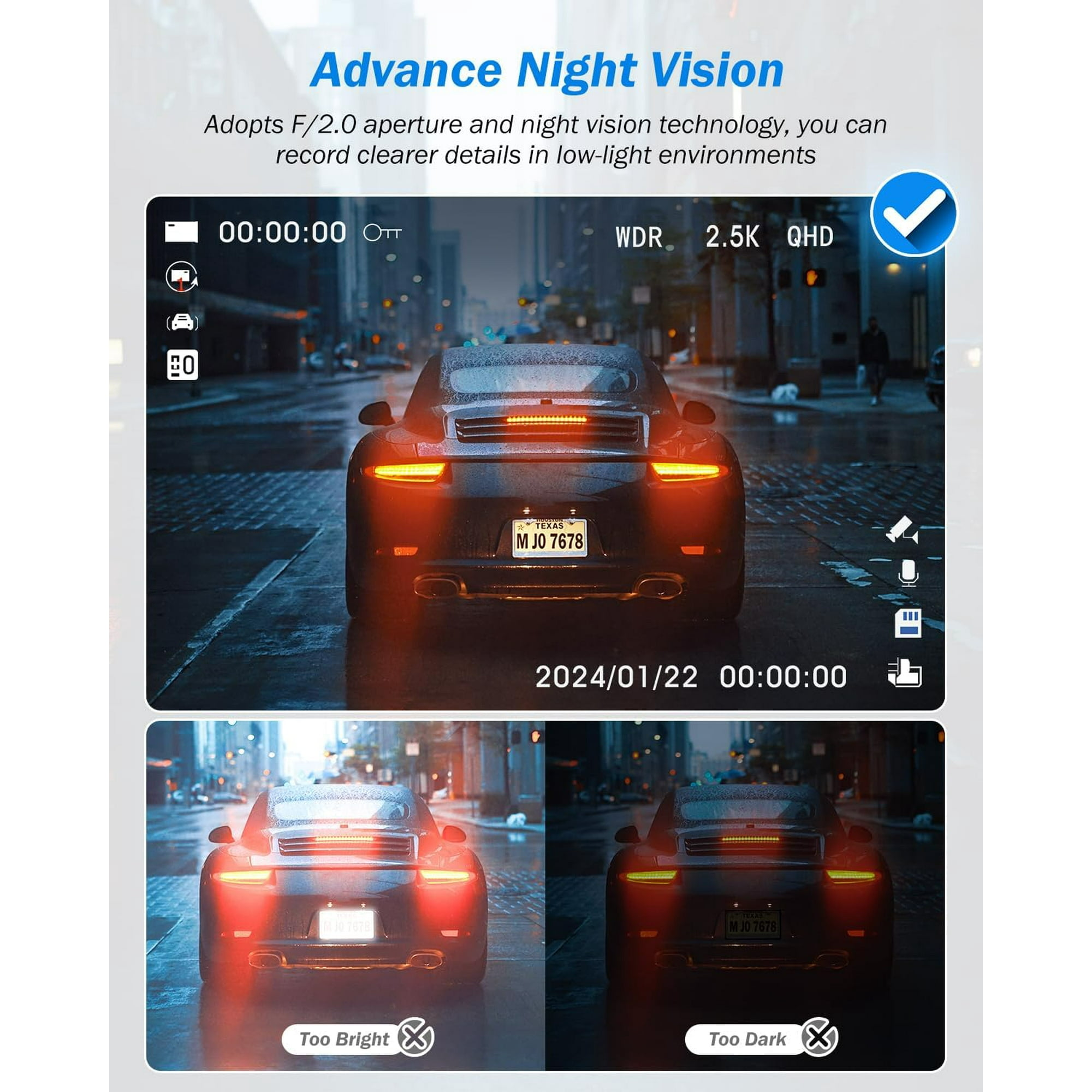 Rückansicht eines schwarzen Porsche im Regen bei Nacht, mit Überlagerung von Nachtsicht-Technologie.