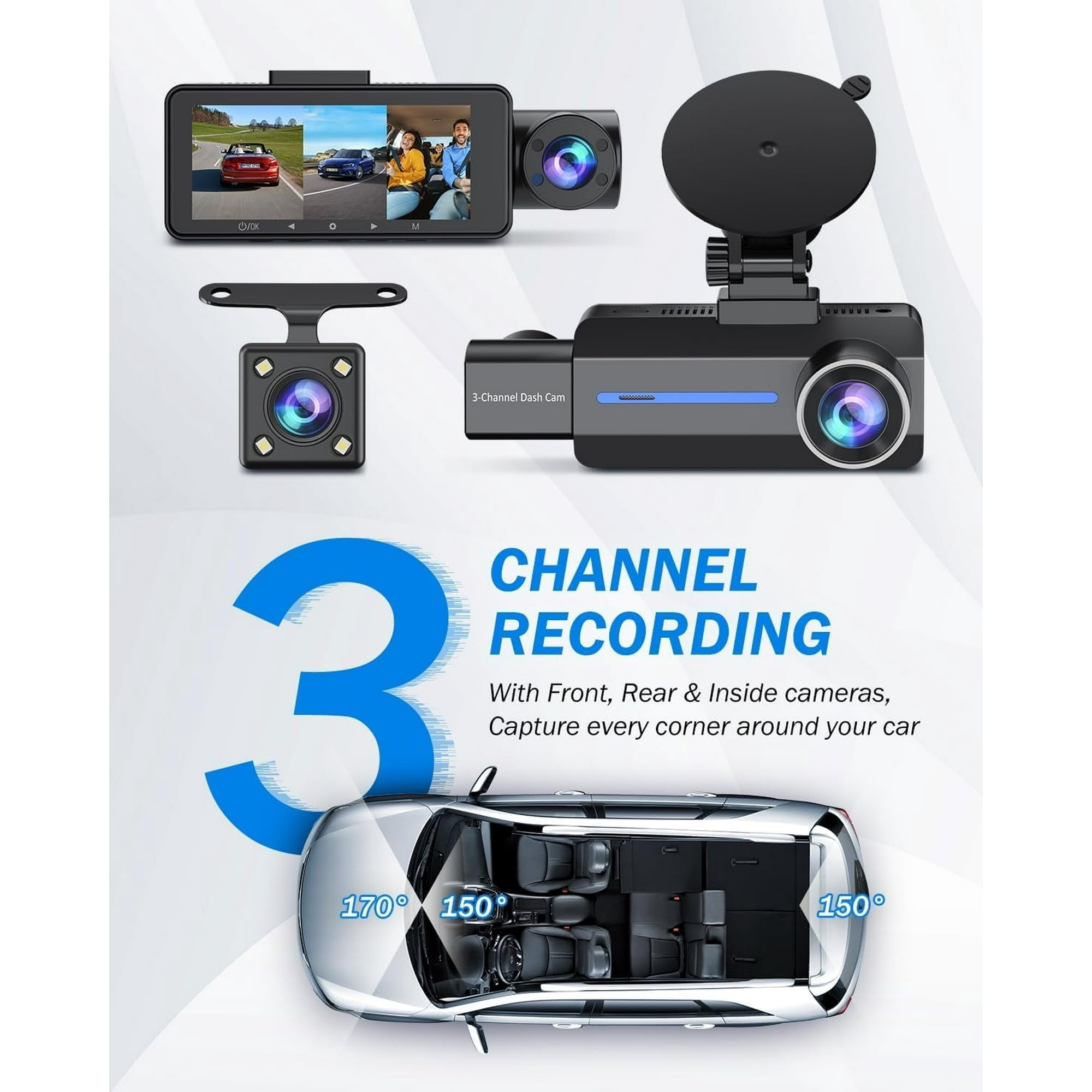 3-Kanal-Dashcam mit Front-, Heck- und Innenkamera, erfasst alle Ecken Ihres Autos.
