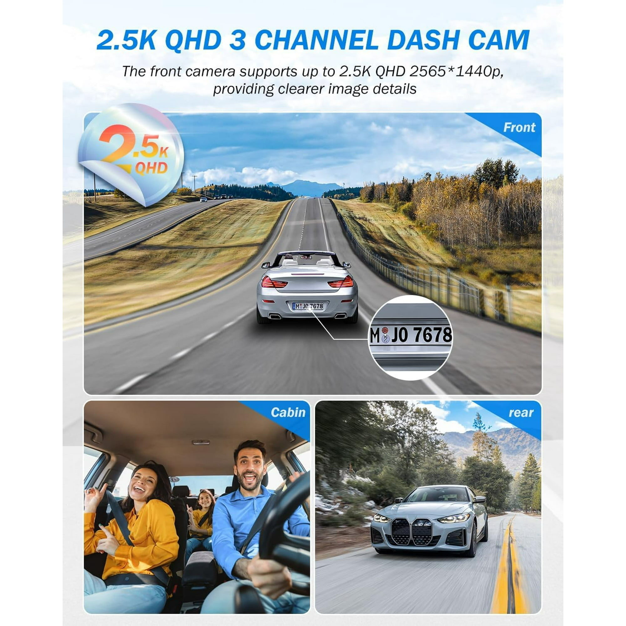 3-Kanal-Dashcam: Vorder-, Innen- & Rückansicht zeigen Autos auf Straße & im Innenraum.