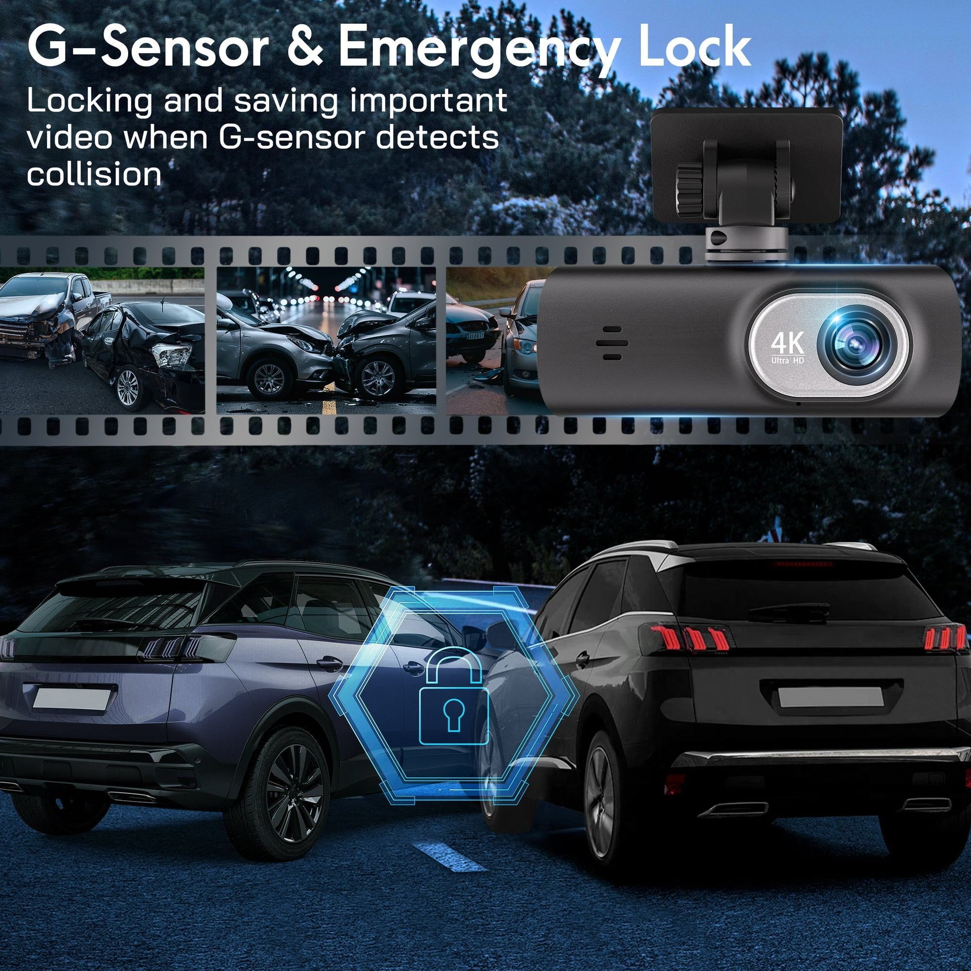 Dashcam mit 4K Ultra HD, die Kollisionen erkennt und Videos speichert.