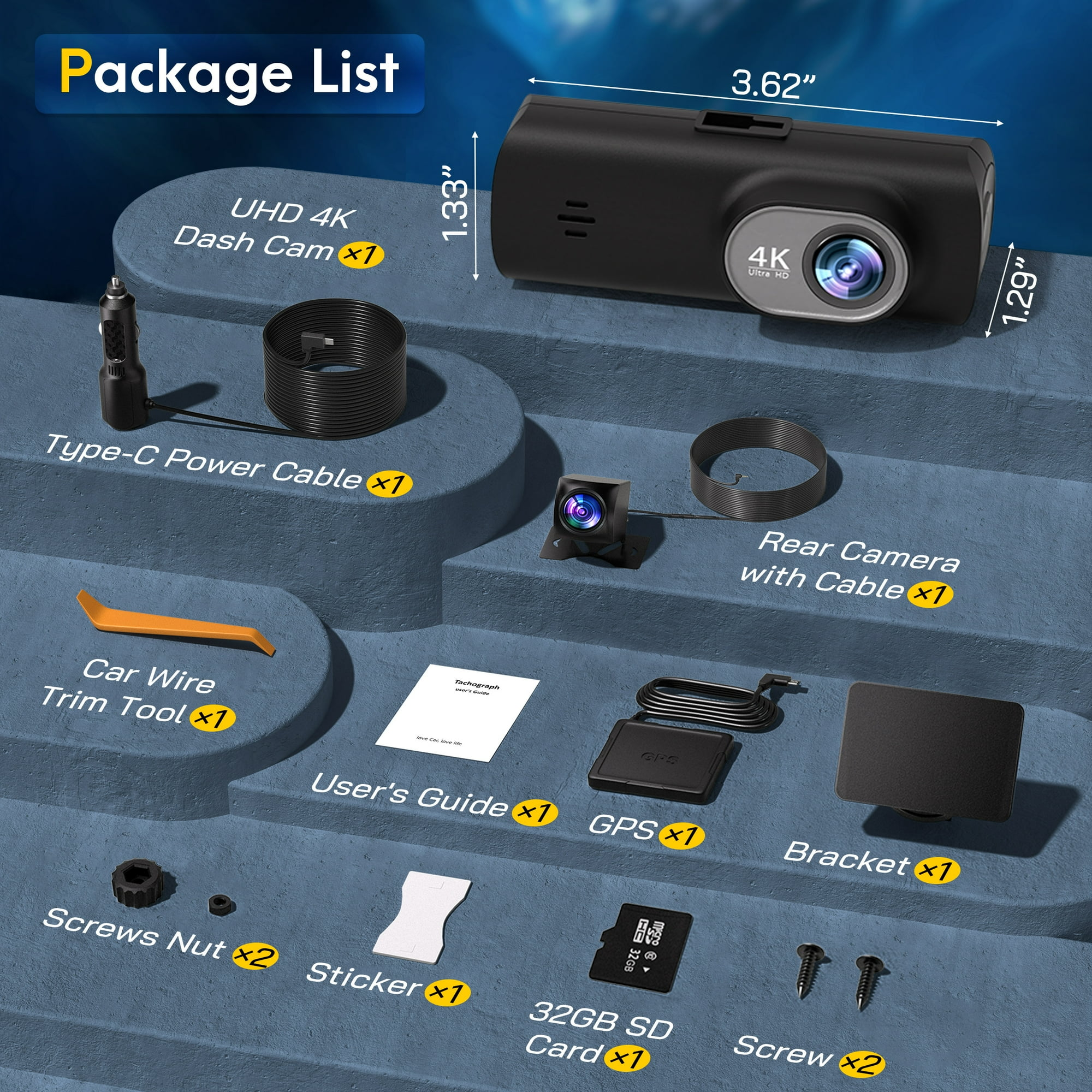 Übersicht der Dashcam-Zubehörteile: Dashcam, Kabel, Werkzeug, GPS, SD-Karte.