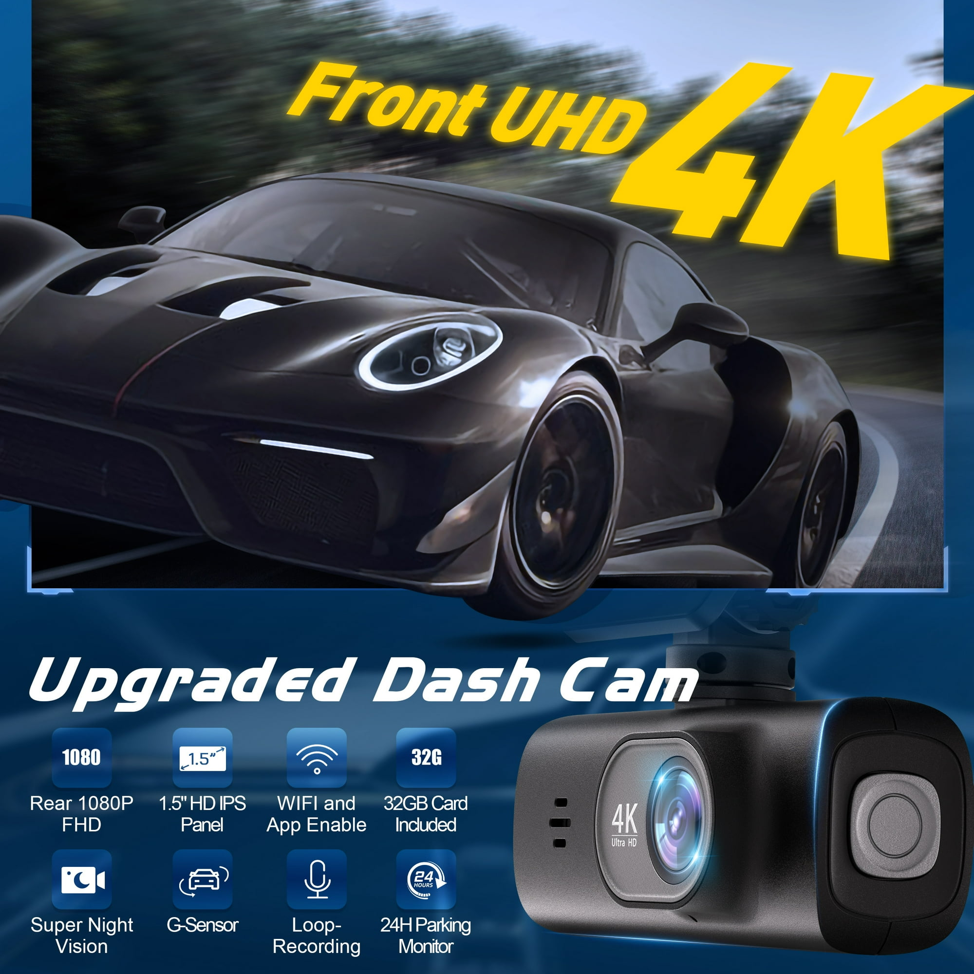 Front-Dashcam mit 4K-Auflösung und Auto-Details.
