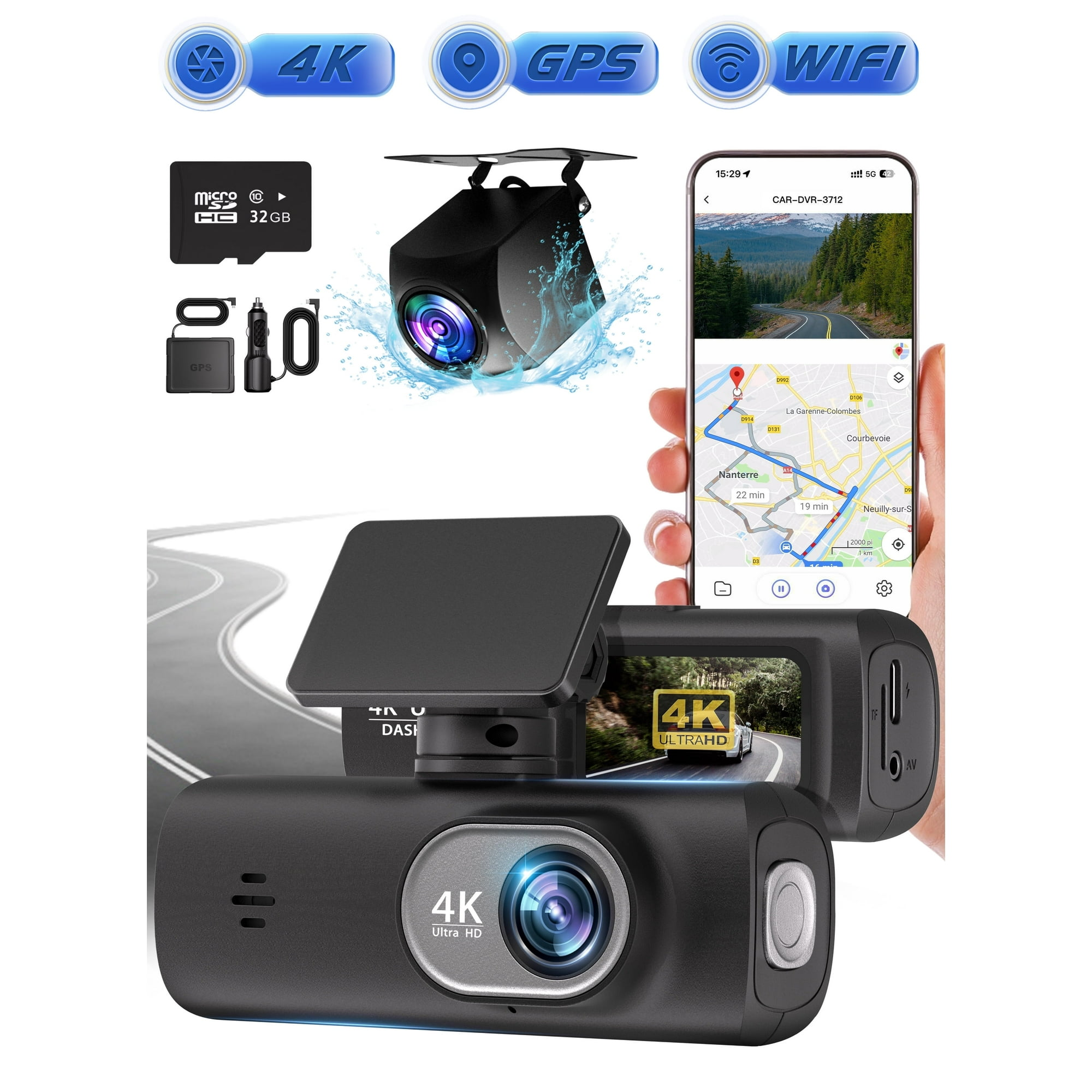 Ein 4K-Autokamera-Set mit SD-Karte, GPS, Ladekabel und Smartphone-App mit Kartenanzeige.