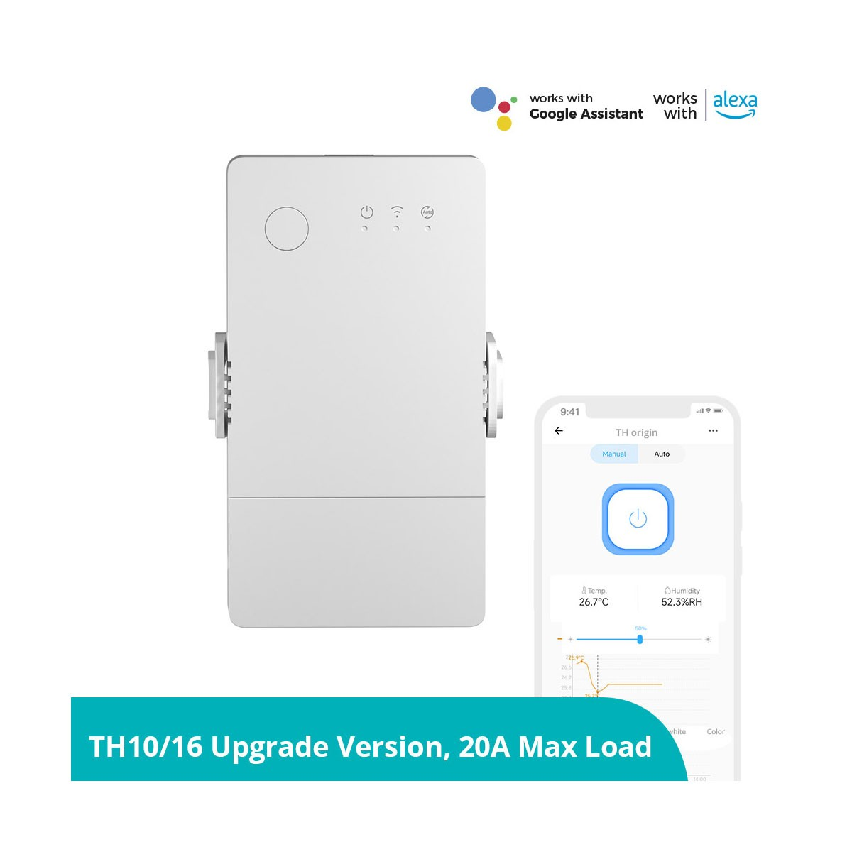 Białe urządzenie z ikonami. Aplikacja pokazuje temperaturę i wilgotność. Działa z Google/Alexa.