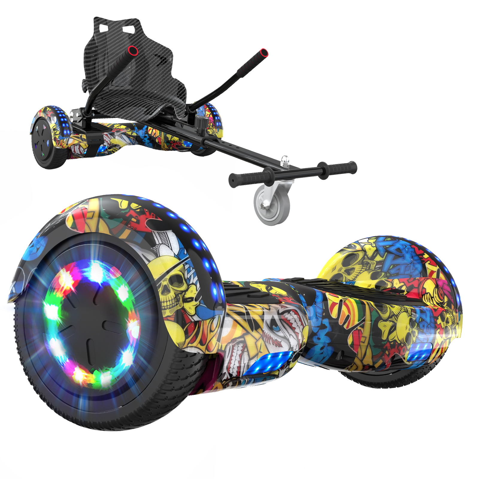 Deskorolka unosząca z przystawką gokartową, ozdobiona graffiti.