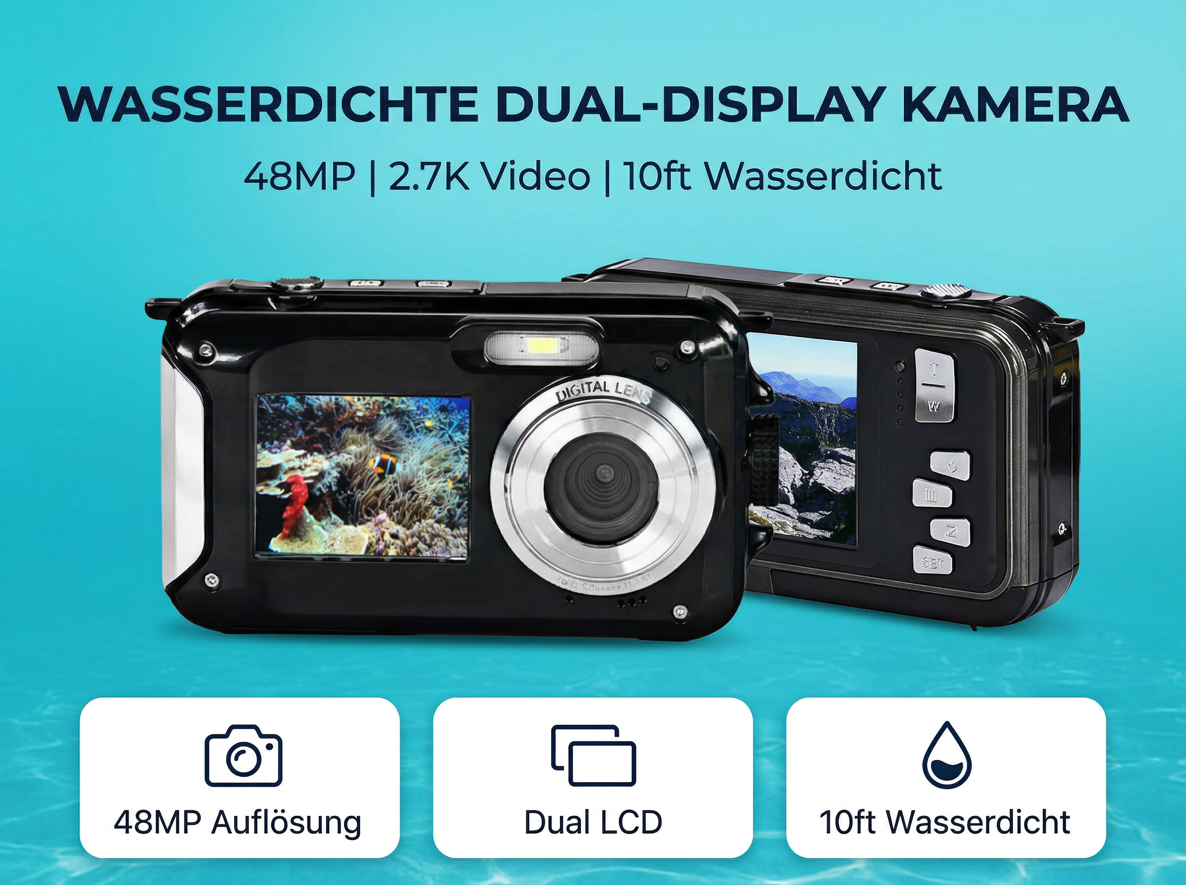 Wasserdichte Dual-Display Kamera mit 48MP und 2.7K Video.