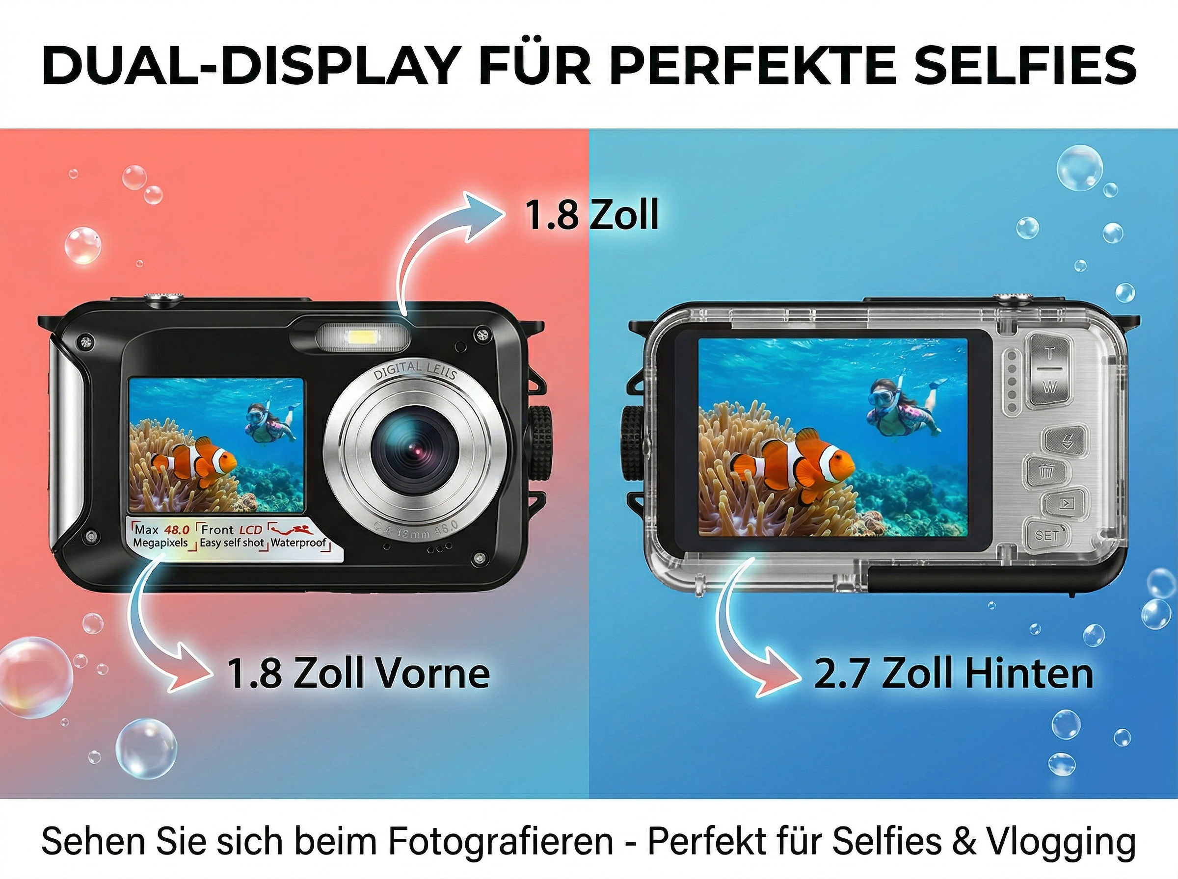 Zwei Kameras zeigen Unterwasseraufnahme mit Clownfisch und Schnorchlerin. Ein Display ist 1.8 Zoll, das andere 2.7 Zoll.
