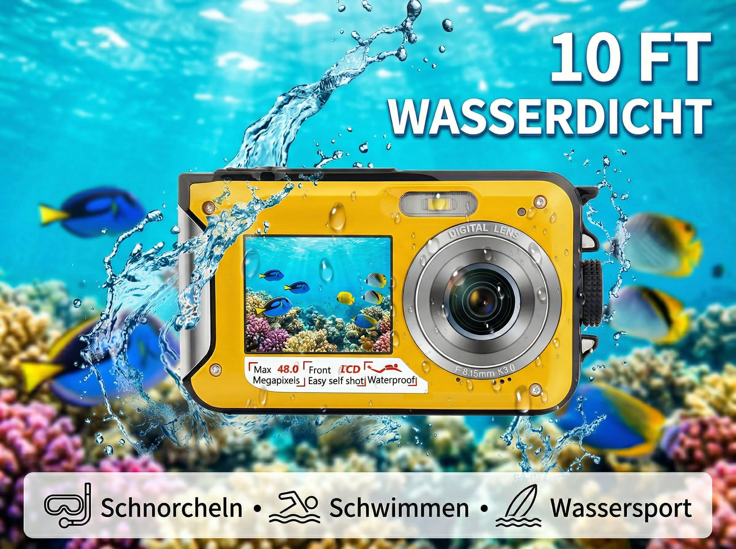 Gelbe wasserdichte Kamera mit Fischen und Korallen. Wassersport-Icons unten.