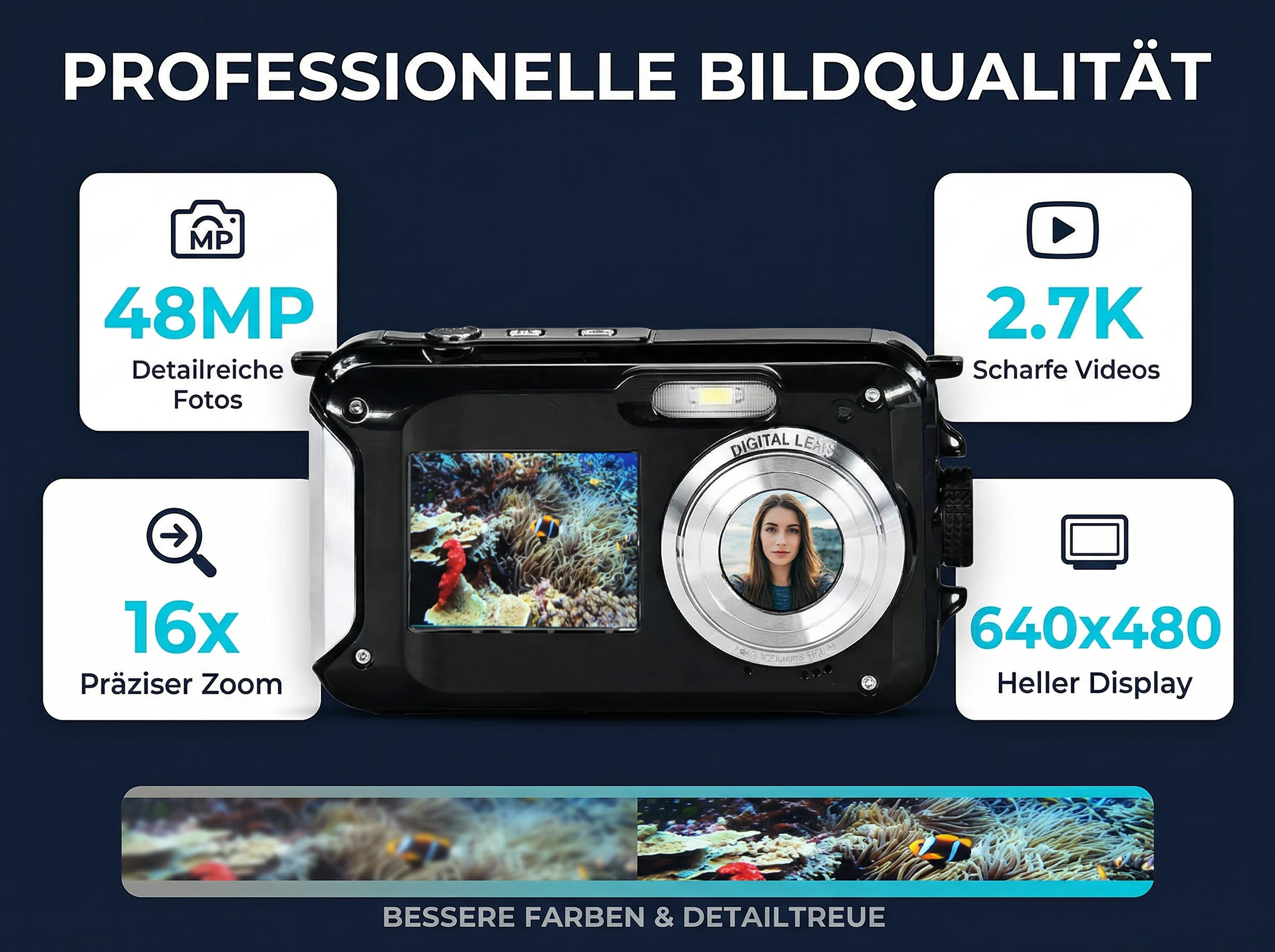 Digitalkamera mit 48MP, 2.7K Videos, 16x Zoom, 640x480 Display.