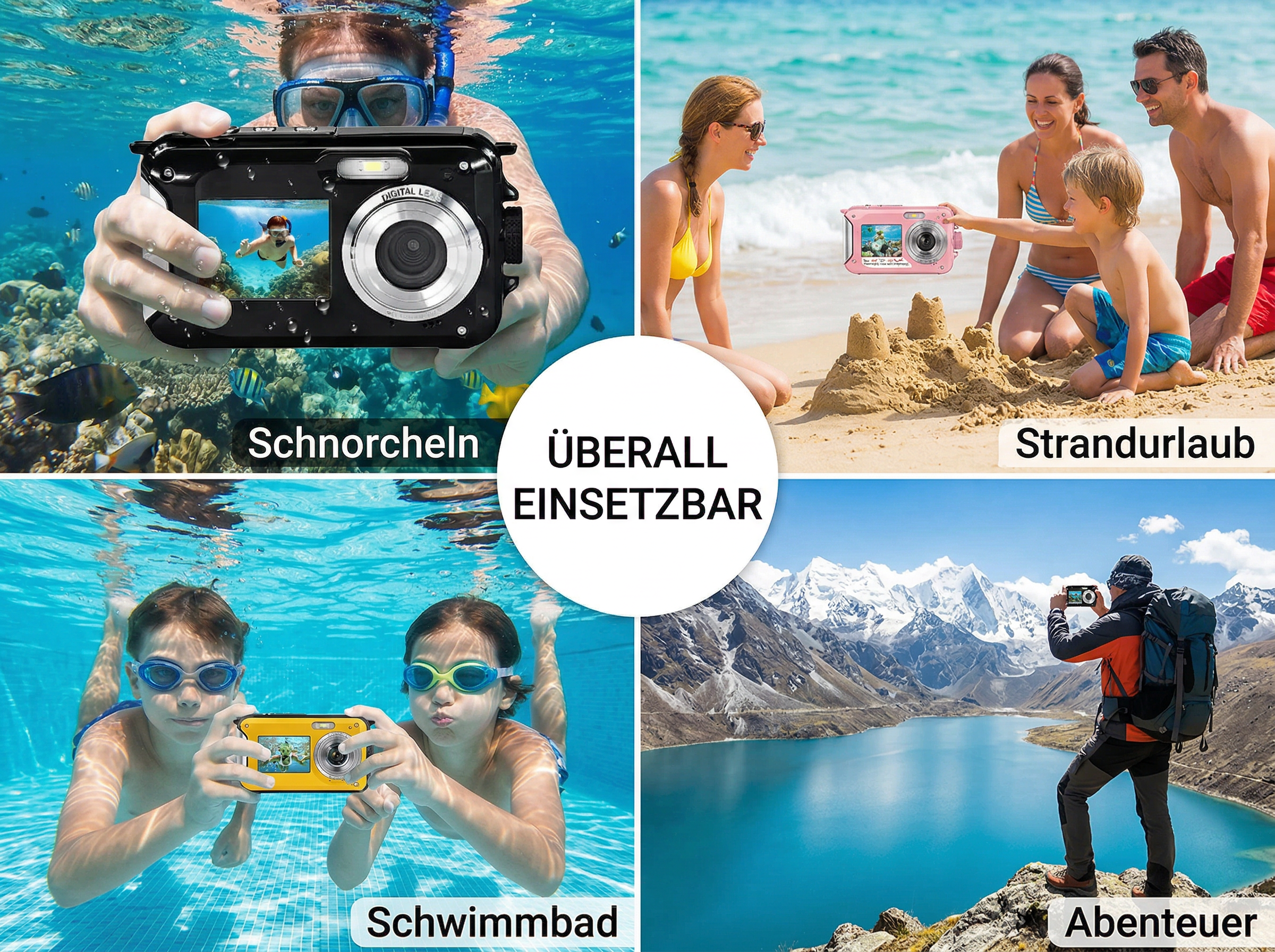 Vier Bilder zeigen Kameras im Einsatz: beim Schnorcheln, am Strand, im Schwimmbad und beim Bergwandern.