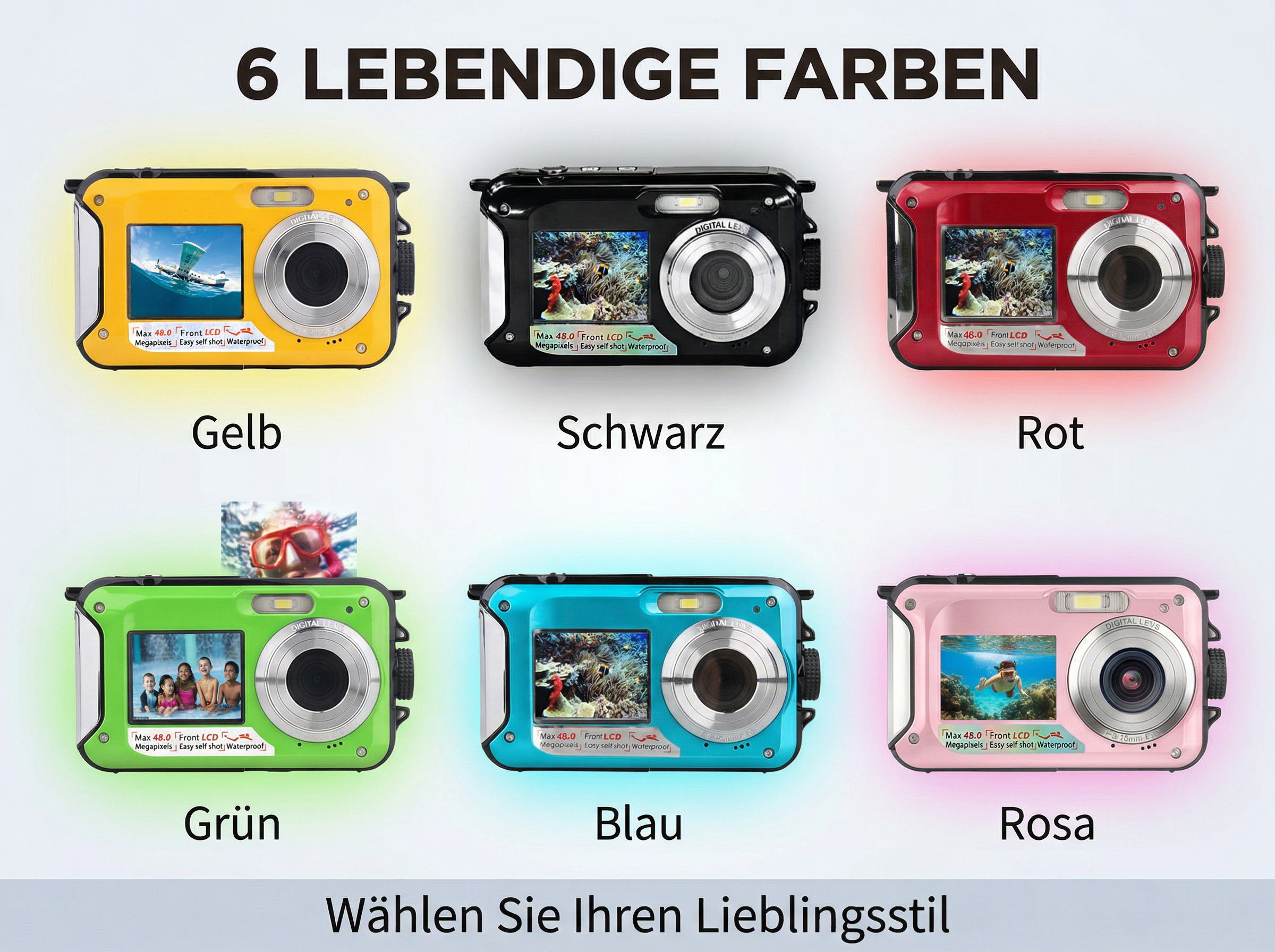 Sechs wasserdichte Digitalkameras in Gelb, Schwarz, Rot, Grün, Blau und Rosa.