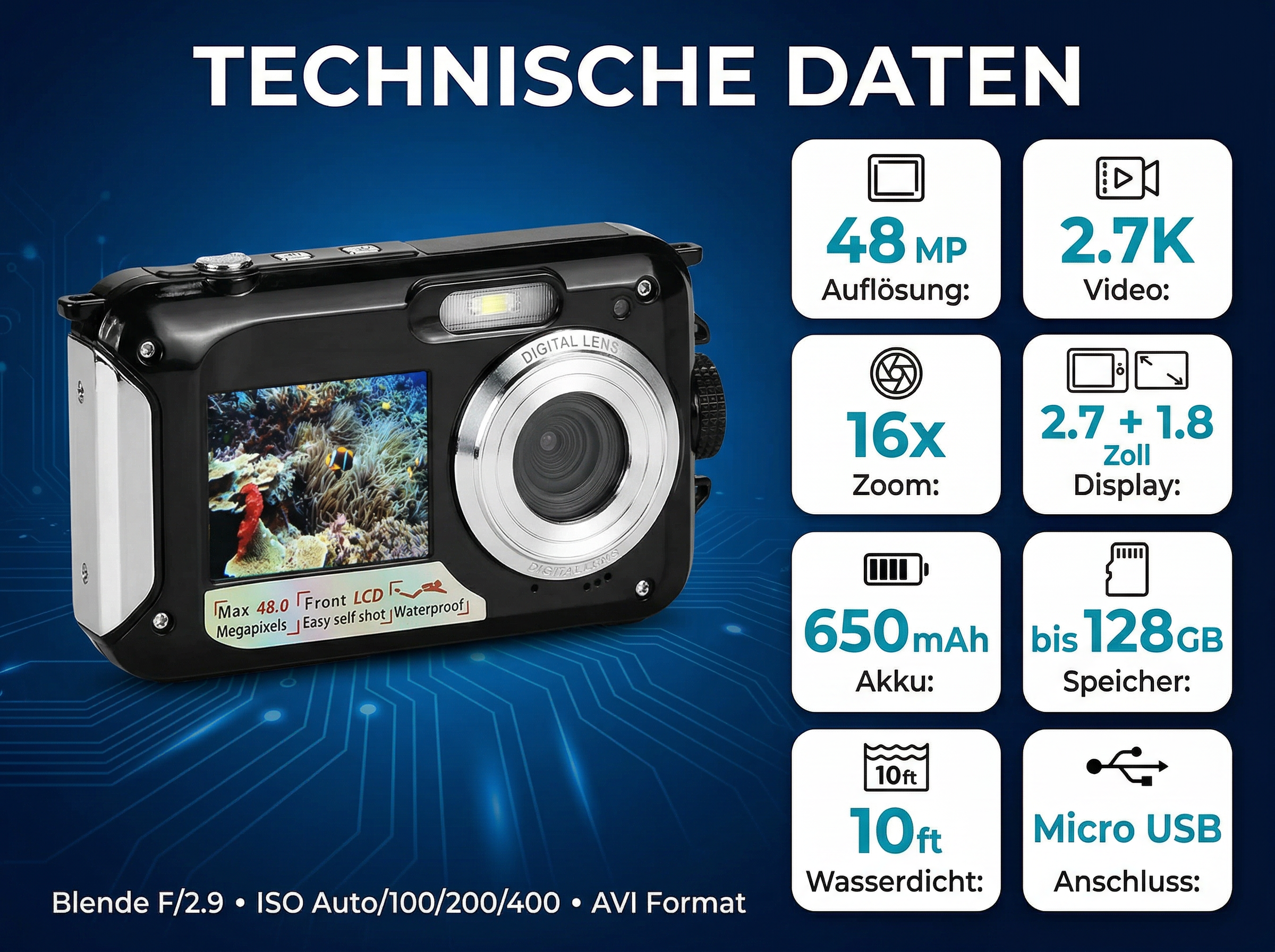 Digitalkamera mit technischen Daten: 48MP, 2.7K Video, 16x Zoom, 2.7+1.8 Zoll Display, 650mAh Akku, 128GB Speicher.