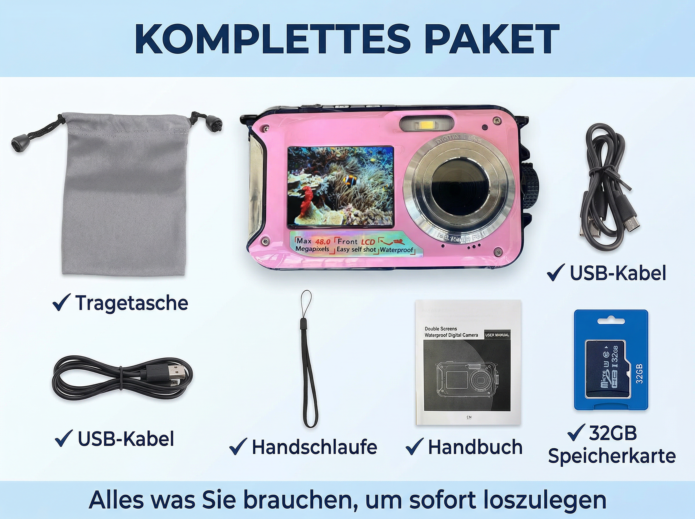 Pinke Digitalkamera mit Zubehör: Tasche, Kabel, Handschlaufe, Handbuch, 32GB Speicherkarte.