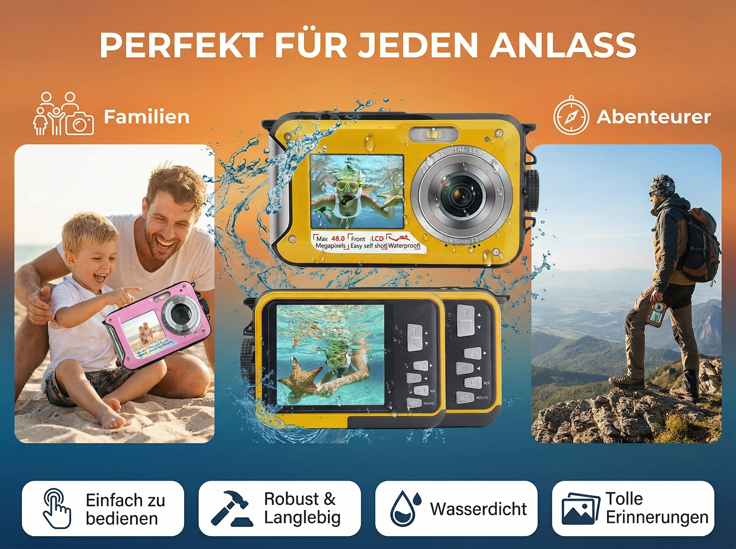 Ein Vater und Sohn am Strand und eine Person beim Schnorcheln und Wandern.