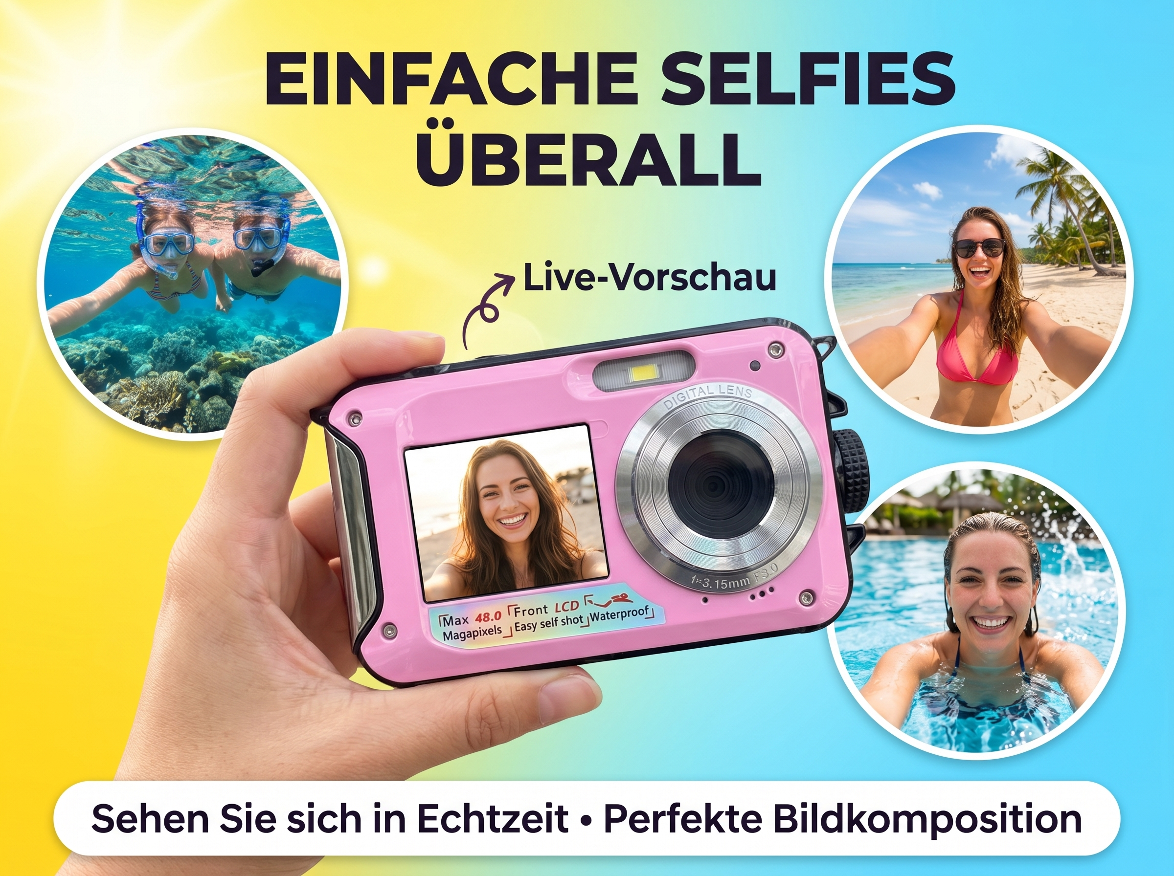 Eine rosa Digitalkamera wird gehalten, mit einem Selfie einer Frau auf dem Display.