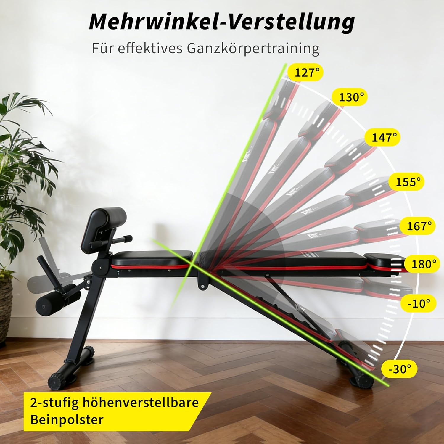 Verstellbare Hantelbank mit Winkelanzeige für Ganzkörpertraining.