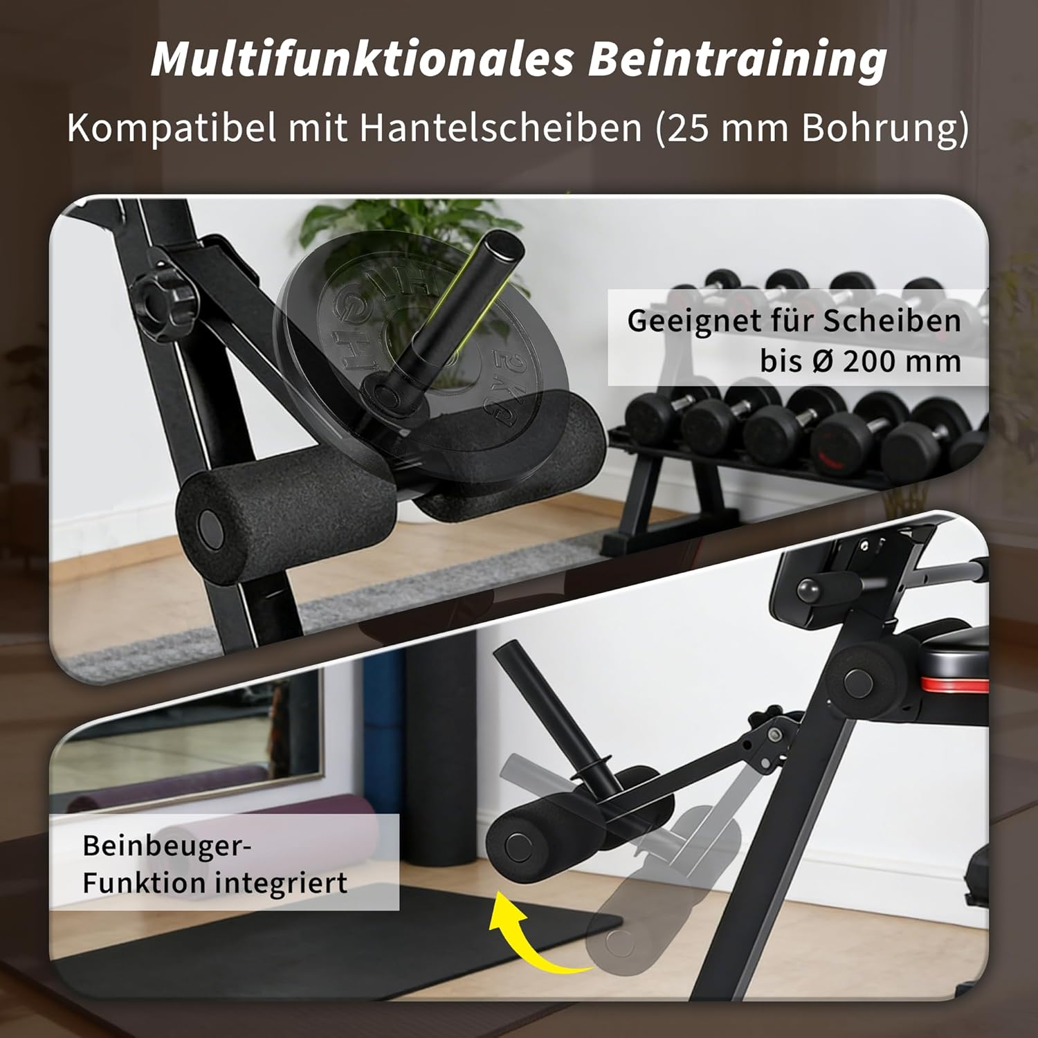 Ein multifunktionales Bein trainiert mit Gewichten und einer Beinbeuger-Funktion.