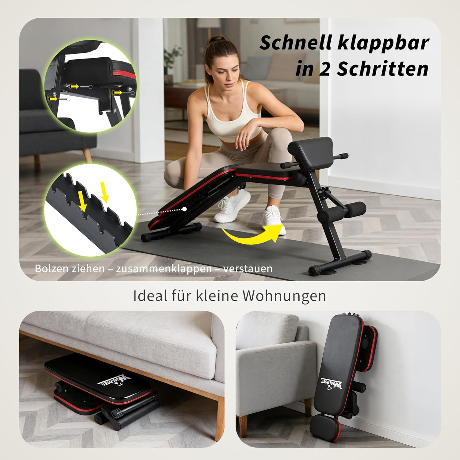 Eine Frau kniet neben einer klappbaren Trainingsbank. Sie ist leicht zu verstauen.