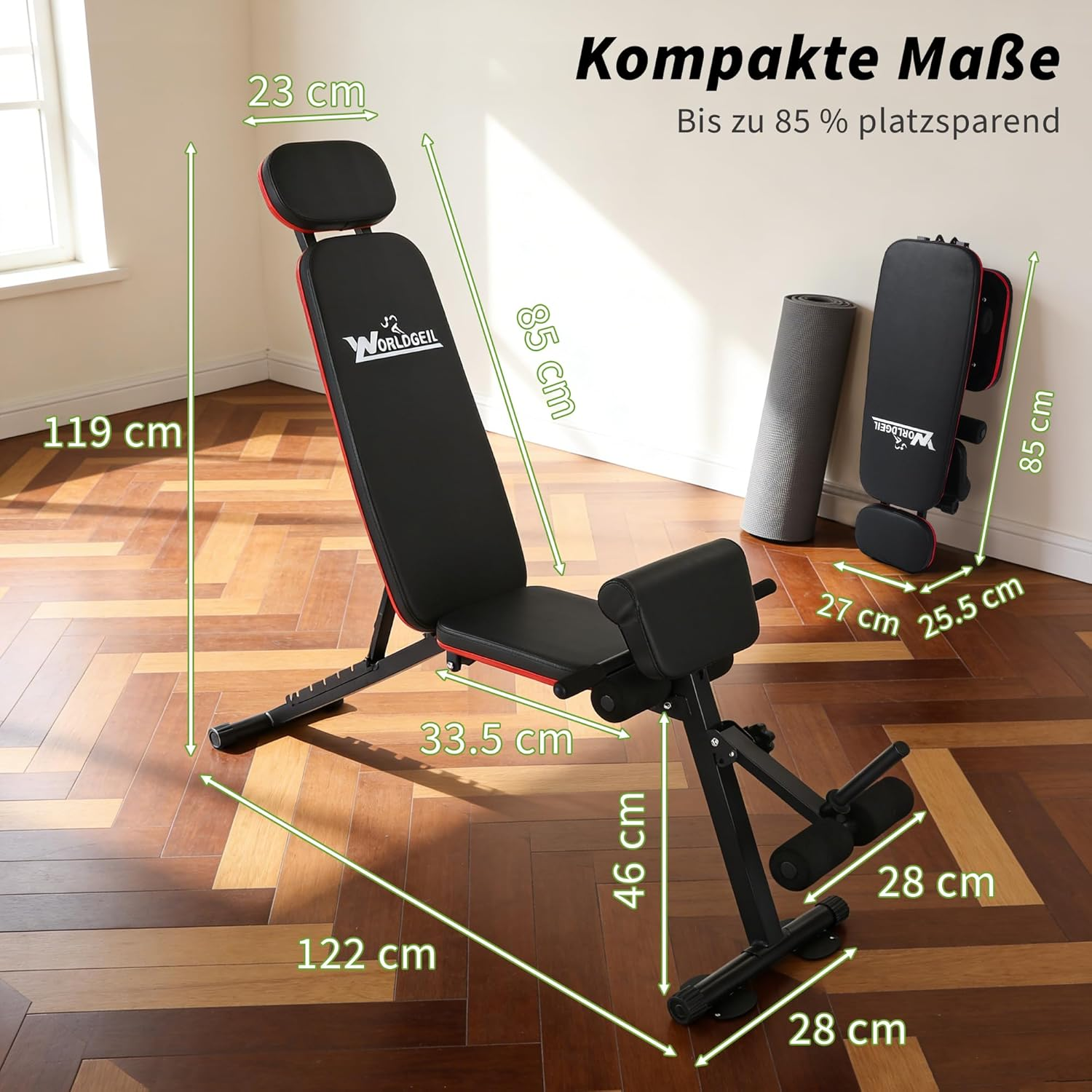 Ein schwarzer und roter Fitnessstuhl mit Maßen in cm auf dem Boden.