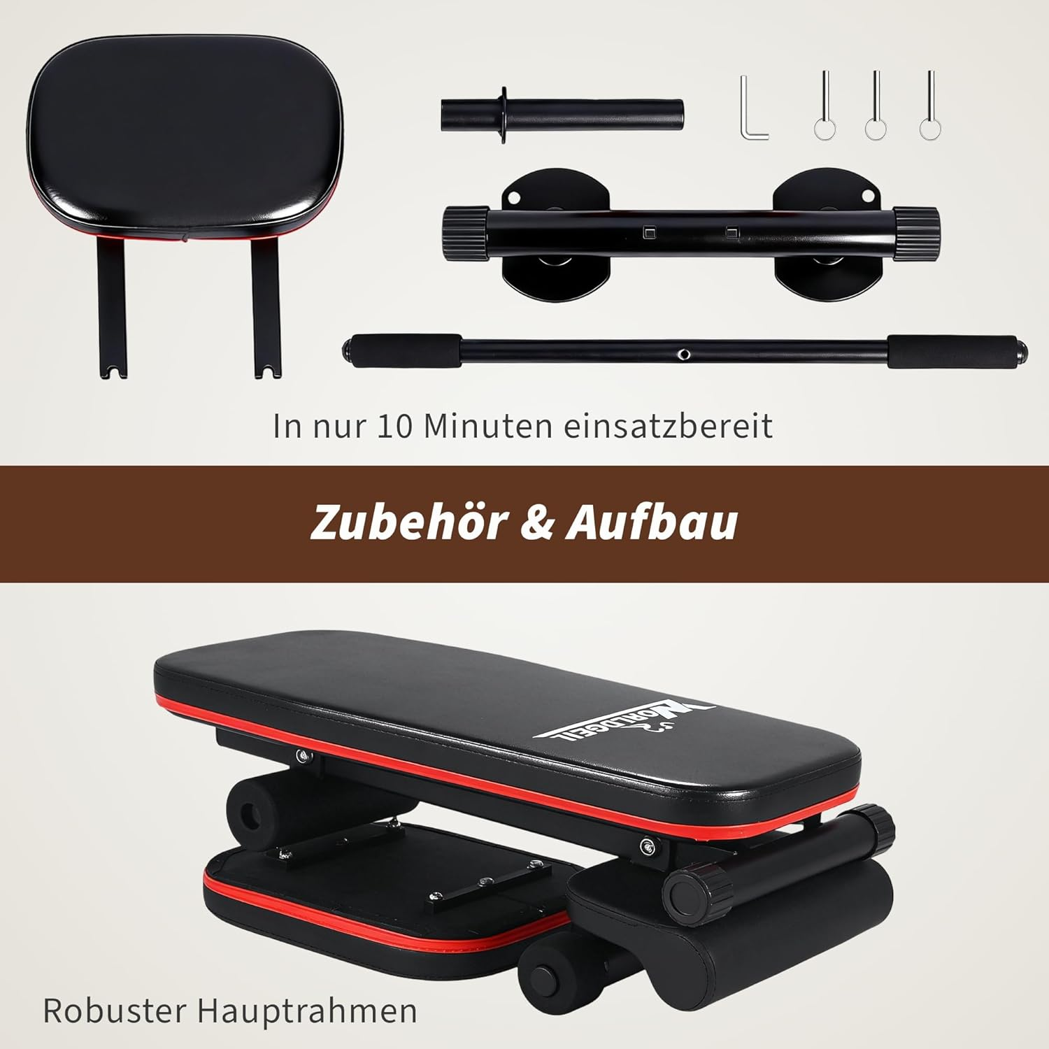 Schwarze verstellbare Hantelbank mit roter Zierleiste und Montagesatz.
