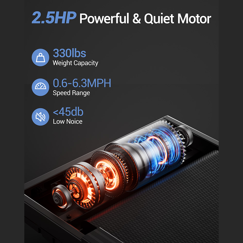 Treadmill Motor: 2.5HP, 330lbs Kapazität, 0.6-6.3MPH, <lt/>45db.