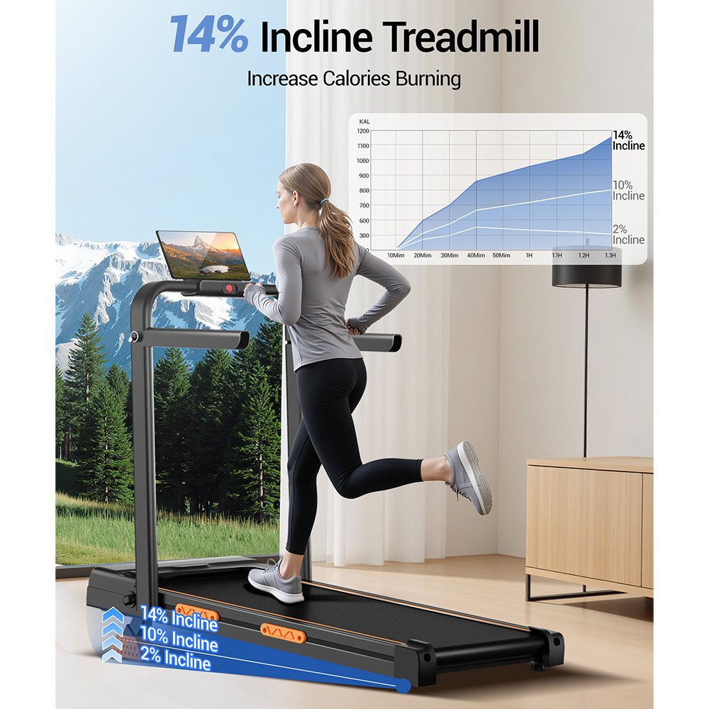 Frau auf Laufband mit Laptop, Berglandschaft und Kaloriendiagramm.