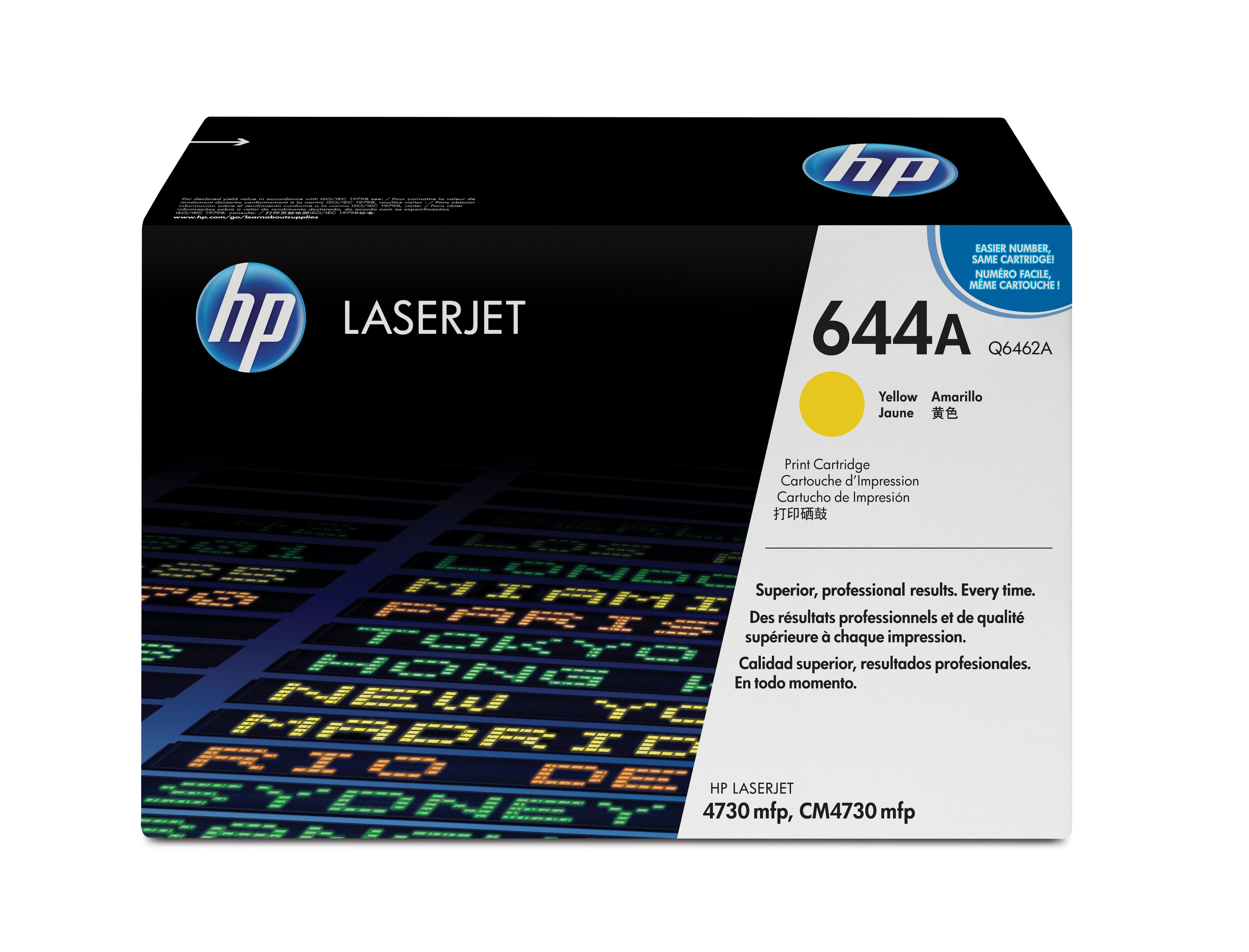 Cartuccia di stampa gialla HP LaserJet 644A con testo e logo.