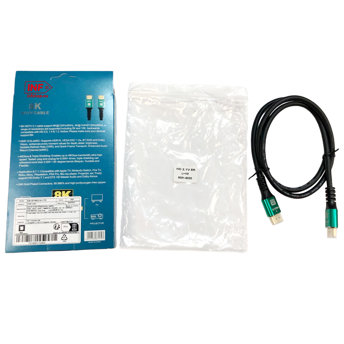 Inf3K HDTV 2.1 Kabel, verpackt und einzeln, mit Anschlüssen.