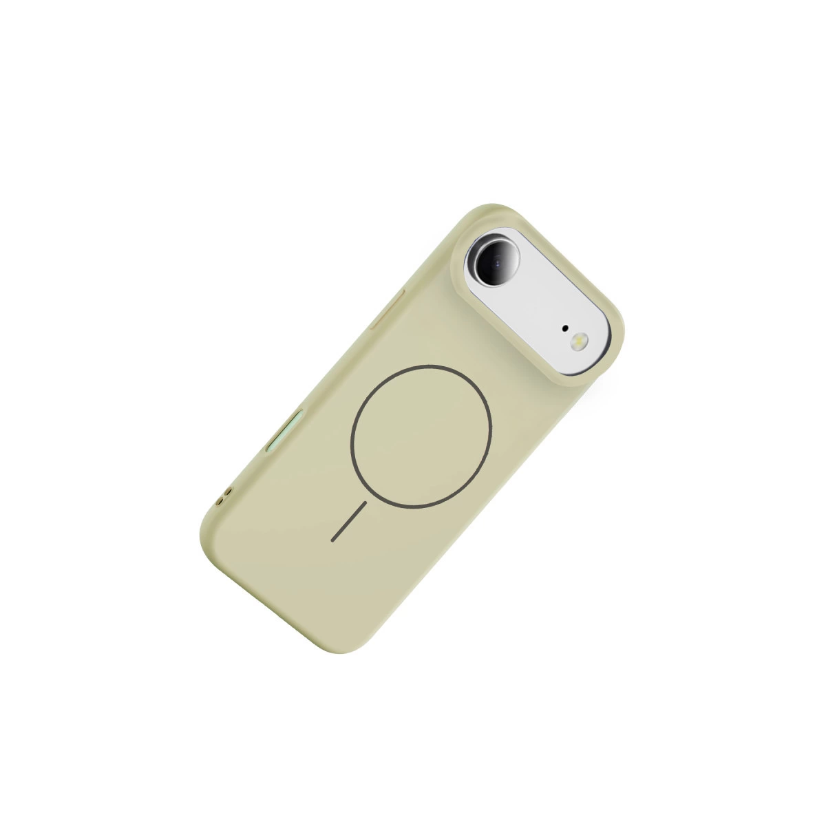 Kamera modülü ve dairesel logolu açık bej telefon kılıfı.