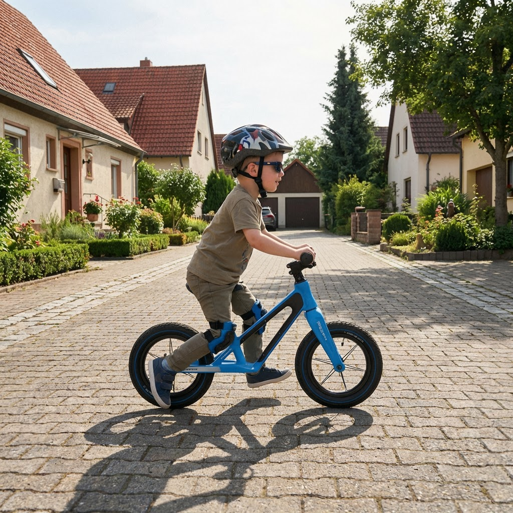 Junge fährt blaues Laufrad auf gepflasterter Straße in einer Wohngegend.