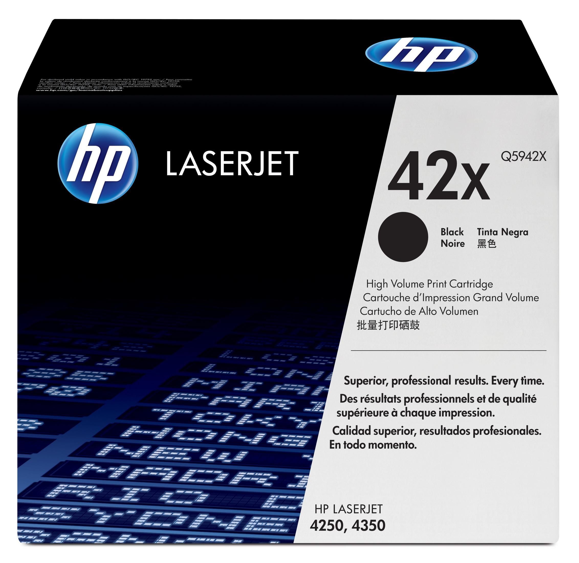 HP LaserJet 42x siyah toner kartuşu. HP logosu ve model bilgisi içerir.