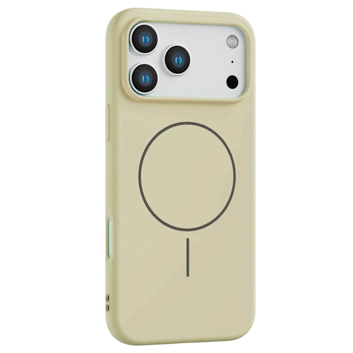 Üç kamera lensli ve manyetik halkalı bej telefon kılıfı.