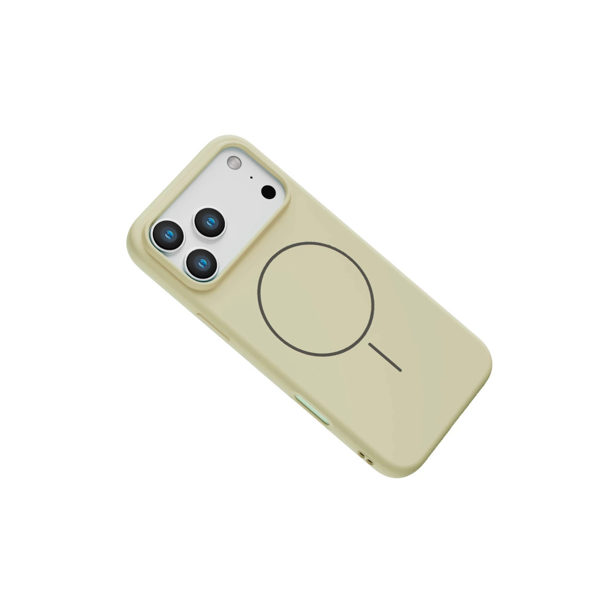 Üç kamera lensli ve manyetik halkalı açık sarı telefon kılıfı.
